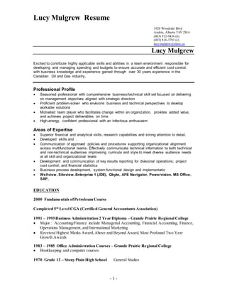 Lucy Mulgrew Resume
- 1 -
1928 Woodside Blvd
Airdrie, Alberta T4V 2M4
(403) 912-9436 (h)
(403) 816-3701 (c)
lucymulgrew@shaw.ca
Lucy Mulgrew
Excited to contribute highly applicable skills and abilities in a team environment responsible for
developing and managing spending and budgets to ensure accurate and efficient cost control.
with business knowledge and experience gained through over 30 years experience in the
Canadian Oil and Gas industry.
Professional Profile
 Seasoned professional with comprehensive business/technical skill set focused on delivering
on management objectives aligned with strategic direction
 Proficient problem-solver who envisions business and technical perspectives to develop
workable solutions
 Motivated team player who facilitates change within an organization, provides added value,
and achieves project deliverables on time
 High-energy, confident professional with an infectious enthusiasm
Areas of Expertise
 Superior financial and analytical skills, research capabilities and strong attention to detail,
 Developed skills and ,
 Communication of approved policies and procedures supporting organizational alignment
across multifunctional teams. Effectively communicate technical information to both technical
and non-technical audiences improvising curricula and style to meet diverse audience needs
at all skill and organizational levels
 Development and communication of key results reporting for divisional operations; project
cost control; and financial statistics
 Business process development, system functional design and implementatio
 Wellview, Siteview, Enterprise 1 (JDE), Qbyte, AFE Navigator, Powervision, MS Office,
SAP,
EDUCATION
2000 Fundamentals ofPetroleum Course
Completed 5th
Level CGA (Certified General Accountants Association)
1991 – 1993 Business Administration 2 Year Diploma – Grande Prairie Regional College
 Major : Accounting/Finance include Managerial Accounting, Financial Accounting, Finance,
Operations Management, and International Marketing
 Received Highest Marks Award,Above and Beyond Award,Most Profound Two Year
Growth Awards
1983 – 1985 Office Administration Courses – Grande Prairie Regional College
 Bookkeeping and computer courses
1970 Grade 12 – Stony Plain High School General Studies
 
