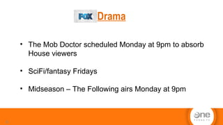 Drama
15
• The Mob Doctor scheduled Monday at 9pm to absorb
House viewers
• SciFi/fantasy Fridays
• Midseason – The Following airs Monday at 9pm
 