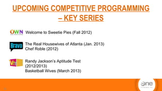 UPCOMING COMPETITIVE PROGRAMMING
– KEY SERIES
33
Welcome to Sweetie Pies (Fall 2012)
The Real Housewives of Atlanta (Jan. 2013)
Chef Roble (2012)
Randy Jackson’s Aptitude Test
(2012/2013)
Basketball Wives (March 2013)
 