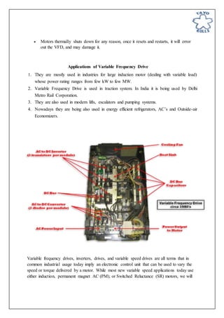  Motors thermally shuts down for any reason, once it resets and restarts, it will error
out the VFD, and may damage it.
Applications of Variable Frequency Drive
1. They are mostly used in industries for large induction motor (dealing with variable load)
whose power rating ranges from few kW to few MW.
2. Variable Frequency Drive is used in traction system. In India it is being used by Delhi
Metro Rail Corporation.
3. They are also used in modern lifts, escalators and pumping systems.
4. Nowadays they are being also used in energy efficient refrigerators, AC’s and Outside-air
Economizers.
Variable frequency drives, inverters, drives, and variable speed drives are all terms that in
common industrial usage today imply an electronic control unit that can be used to vary the
speed or torque delivered by a motor. While most new variable speed applications today use
either induction, permanent magnet AC (PM), or Switched Reluctance (SR) motors, we will
 