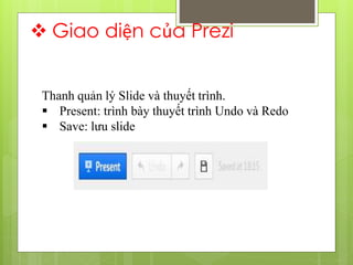  Giao diện của Prezi
Thanh quản lý Slide và thuyết trình.
 Present: trình bày thuyết trình Undo và Redo
 Save: lưu slide
 