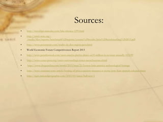 Sources:
• http://traveltips.usatoday.com/lake-titicaca-1299.html
• http://www.wttc.org/-
/media/files/reports/benchmark%20reports/country%20results/peru%20benchmarking%202013.pdf
• http://www.perunature.com/madre-de-dios-region-peru.html
• World Economic Forum Competitiveness Report 2013
• http://www.peruthisweek.com/news-machu-picchu-draws-us35-million-in-revenue-annually-103199
• http://www.cusco-peru.org/cusco-surroundings-cusco-sacsayhuaman.shtml
• http://www.theguardian.com/world/2011/mar/21/looters-latin-america-archaeological-heritage
• http://www.examiner.com/article/looting-of-peru-s-ancient-treasures-is-worse-now-than-spanish-colonial-times
• http://ngm.nationalgeographic.com/2010/03/nasca/hall-text/1
 