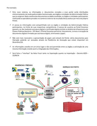 Por exemplo:
 Pelo novo sistema, as informações e documentos enviados a esse portal serão distribuídos
eletronicamente,de modopadronizadoe harmonizado,aosórgãose entidades da Administração Pública
que os exigirem.Apósaanálise dosdocumentosoudadosrecebidos, os órgãos e entidades participantes
notificarãoosoperadoresprivados no comércio exterior do resultado dessa análise por meio do próprio
Portal;
 O acesso às informações será compartilhado com os órgãos e entidades da Administração Pública
participantes, no limite de suas respectivas competências. O acesso de usuários ao Portal Siscomex
passará a se dar mediante assinatura digital e certificado digital emitido no âmbito da Infraestrutura de
Chaves Públicas Brasileira - ICP-Brasil. O Portal Siscomex permitirá, futuramente, o envio e recepção de
documentos digitais firmados por assinatura digital, eliminando o papel;
 Não será mais necessário a apresentação de papel, pois através do Portal, vários documentos para
liberação poderão ser anexados através da Plataforma de Anexação que estará disponível em
Dezembro/14;
 As informações estarão em um único lugar e não será permitido entre os órgãos a solicitação de uma
mesma informação criando assim a Integração das Informações;
 Será feita a “interface” da Nota Fiscal tanto na Exportação quanto na Importação – Decreto 8229 –
22/04/14.
 