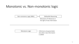Monotonic vs. Non-monotonic logic
Non-monotonic Logic (NML) Defeasible Reasoning
Monotonic Logic
Retraction of inferences ...