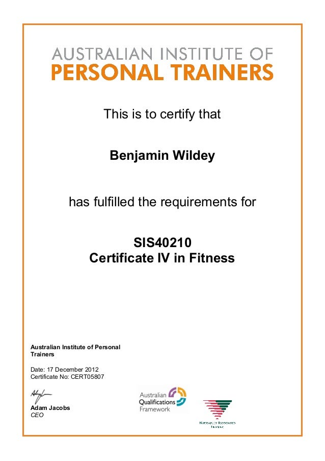 certificate iv in fitness sis40210 aipt dec 2012 fitness certificate
