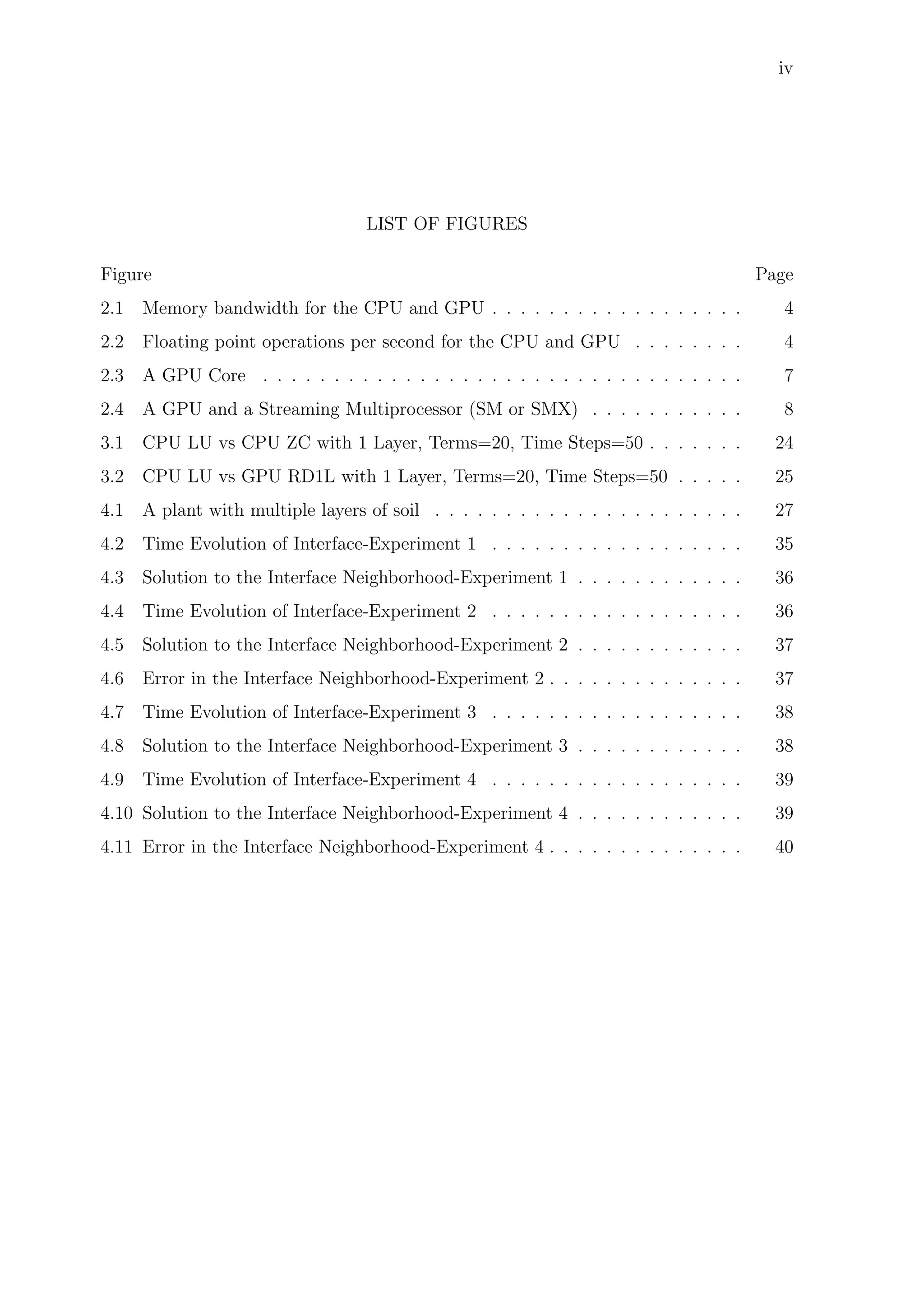 iv
LIST OF FIGURES
Figure Page
2.1 Memory bandwidth for the CPU and GPU . . . . . . . . . . . . . . . . . . 4
2.2 Floating point operations per second for the CPU and GPU . . . . . . . . 4
2.3 A GPU Core . . . . . . . . . . . . . . . . . . . . . . . . . . . . . . . . . . 7
2.4 A GPU and a Streaming Multiprocessor (SM or SMX) . . . . . . . . . . . 8
3.1 CPU LU vs CPU ZC with 1 Layer, Terms=20, Time Steps=50 . . . . . . . 24
3.2 CPU LU vs GPU RD1L with 1 Layer, Terms=20, Time Steps=50 . . . . . 25
4.1 A plant with multiple layers of soil . . . . . . . . . . . . . . . . . . . . . . 27
4.2 Time Evolution of Interface-Experiment 1 . . . . . . . . . . . . . . . . . . 35
4.3 Solution to the Interface Neighborhood-Experiment 1 . . . . . . . . . . . . 36
4.4 Time Evolution of Interface-Experiment 2 . . . . . . . . . . . . . . . . . . 36
4.5 Solution to the Interface Neighborhood-Experiment 2 . . . . . . . . . . . . 37
4.6 Error in the Interface Neighborhood-Experiment 2 . . . . . . . . . . . . . . 37
4.7 Time Evolution of Interface-Experiment 3 . . . . . . . . . . . . . . . . . . 38
4.8 Solution to the Interface Neighborhood-Experiment 3 . . . . . . . . . . . . 38
4.9 Time Evolution of Interface-Experiment 4 . . . . . . . . . . . . . . . . . . 39
4.10 Solution to the Interface Neighborhood-Experiment 4 . . . . . . . . . . . . 39
4.11 Error in the Interface Neighborhood-Experiment 4 . . . . . . . . . . . . . . 40
 