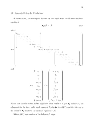 30
4.4 Complete System for Two Layers
In matrix form, the tridiagonal system for two layers with the interface included
consists of
Aif x(j)
= f(j)
(4.9)
where
Aif =


















































2 + r1 −1
−1 2 + r1 −1
...
...
...
... ... ...
−1 2 + r1 −1
−1 2 + r1














A1
−1
−K1/h1 K1/h1 + K2/h2 −K2/h2
−1














2 + r2 −1
−1 2 + r2 −1
...
...
...
...
...
...
−1 2 + r2 −1
−1 2 + r2














A2




































and
x =























u1
u2
...
uN1−1
uN1
uN1+1
...
uM2−2
uM2−1























, f =























f1 + u0
f2
...
fN1−1
0
fN1+1
...
fM2−2
fM2−1 + uM2























.
Notice that the sub-matrix in the upper left hand corner of Aif is A1 from (4.6), the
sub-matrix in the lower right hand corner of Aif is A2 from (4.7), and the 5 terms in
the center of Aif relate to the interface equation (4.8).
Solving (4.9) now consists of the following 5 steps.
 
