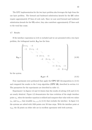 32
The GPU implementation for the two layer problem also leverages the logic from the
one layer problem. The forward and backward substitution kernels for the LU solver
require approximately 27 lines of code each. Since we now need forward and backward
substitution kernels for the UL solver, they also contribute approximately 27 lines each
to the total line count.
4.7 Results
If the interface expression in (4.8) is excluded and we are presented with a two layer
problem, the tridiagonal matrix A12 has the form
A12 =




















2 + r1 −1
−1 2 + r1 −1
...
...
...
−1 2 + r1 −1
−1 2 + r2 −1
...
...
...
−1 2 + r2 −1
−1 2 + r2




















(4.10)
for the system
A12x = f. (4.11)
Four experiments were performed that apply the CPU LU decomposition to (4.11)
and compared the results to the 5 step algorithm (CPU 2L) described in section 4.4.
The parameters for the experiments are described in table 4.1.
Experiment 1 in ﬁgures 4.2 and 4.3 shows that the results of solving (4.9) and (4.11)
are nearly identical. Figure 4.2 demonstrates the time evolution of the single interface
point uN1 when the interface equation is utilized and compares that value with two values
uN1 and uN1+1 that straddle uN1+1/2 in (4.11) that excludes the interface. In ﬁgure 4.3,
the systems are solved with 1024 points over 50 time steps. With the interface point at
u512, the 32 points on either side are in excellent agreement with both systems.
 