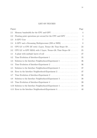iv
LIST OF FIGURES
Figure Page
2.1 Memory bandwidth for the CPU and GPU . . . . . . . . . . . . . . . . . . 4
2.2 Floating point operations per second for the CPU and GPU . . . . . . . . 4
2.3 A GPU Core . . . . . . . . . . . . . . . . . . . . . . . . . . . . . . . . . . 7
2.4 A GPU and a Streaming Multiprocessor (SM or SMX) . . . . . . . . . . . 8
3.1 CPU LU vs CPU ZC with 1 Layer, Terms=20, Time Steps=50 . . . . . . . 24
3.2 CPU LU vs GPU RD1L with 1 Layer, Terms=20, Time Steps=50 . . . . . 25
4.1 A plant with multiple layers of soil . . . . . . . . . . . . . . . . . . . . . . 27
4.2 Time Evolution of Interface-Experiment 1 . . . . . . . . . . . . . . . . . . 35
4.3 Solution to the Interface Neighborhood-Experiment 1 . . . . . . . . . . . . 36
4.4 Time Evolution of Interface-Experiment 2 . . . . . . . . . . . . . . . . . . 36
4.5 Solution to the Interface Neighborhood-Experiment 2 . . . . . . . . . . . . 37
4.6 Error in the Interface Neighborhood-Experiment 2 . . . . . . . . . . . . . . 37
4.7 Time Evolution of Interface-Experiment 3 . . . . . . . . . . . . . . . . . . 38
4.8 Solution to the Interface Neighborhood-Experiment 3 . . . . . . . . . . . . 38
4.9 Time Evolution of Interface-Experiment 4 . . . . . . . . . . . . . . . . . . 39
4.10 Solution to the Interface Neighborhood-Experiment 4 . . . . . . . . . . . . 39
4.11 Error in the Interface Neighborhood-Experiment 4 . . . . . . . . . . . . . . 40
 