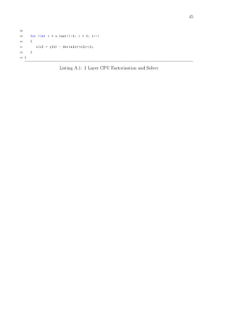 45
38
39 for (int i = x.Last () -1; i > 0; i--)
40 {
41 x[i] = y[i] - Delta[i]*x[i+1];
42 }
43 }
Listing A.1: 1 Layer CPU Factorization and Solver
 