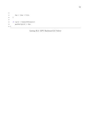 52
44
45 Sum = (Sum + Y)*G;
46 }
47
48 if (gtid < NumberOfElements )
49 gpuXhat[gtid] = Sum;
50 }
Listing B.2: GPU Backward LU Solver
 