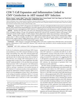 Clinical Infectious Diseases
M A J O R A R T I C L E
HIV/AIDS
CD8 T-Cell Expansion and Inﬂammation Linked to
CMV Coinfection in ART-treated HIV Infection
Michael L. Freeman,1,a
Joseph C. Mudd,1,ab
Carey L. Shive,1,2
Souheil-Antoine Younes,1
Soumya Panigrahi,1
Scott F. Sieg,1
Sulggi A. Lee,3
Peter W. Hunt,3
Leonard H. Calabrese,4
Sara Gianella,5
Benigno Rodriguez,1
and Michael M. Lederman1
1
Center for AIDS Research, Division of Infectious Diseases and HIV Medicine, Department of Medicine, Case Western Reserve University/University Hospitals Case Medical Center, and 2
Veterans
Administration Medical Center, Cleveland, Ohio; 3
Department of Medicine, University of California San Francisco; 4
Department of Rheumatic and Immunologic Diseases, Cleveland Clinic Foundation,
Ohio; and 5
Division of Infectious Diseases, University of California San Diego, La Jolla
Background. Persistent CD8 T-cell expansion, low CD4/CD8 T-cell ratios, and heightened inﬂammation persist in antiretroviral
therapy (ART)-treated human immunodeﬁciency virus (HIV) infection and are associated with increased risk of morbid outcomes.
We explored the role of cytomegalovirus (CMV) infection in CD8 lymphocytosis and inﬂammation in ART-treated HIV infection.
Methods. Absolute CD4 and CD8 T-cell counts were abstracted from clinical records and compared among 32 HIV-infected
CMV-seronegative subjects, 126 age, CD4 and gender-matched HIV-infected CMV-seropositive subjects, and among 21 HIV-
uninfected controls (9 CMV-negative, 12 CMV-positive). Plasma inﬂammatory indices were measured in a subset by ELISA.
Results. Median CD8 counts/µL were higher in HIV-positive/CMV-positive patients (795) than in HIV-positive/CMV-negative
subjects (522, P = .006) or in healthy controls (451, P = .0007), whereas CD8 T-cell counts were similar to controls’ levels in HIV-
positive/CMV-negative subjects. Higher plasma levels of IP-10 (P = .0011), TNF-RII (P = .0002), and D-dimer (P = .0444) were also
found in coinfected patients than in HIV-positive/CMV-negative subjects.
Conclusions. CMV infection is associated with higher CD8 T-cell counts, resultant lower CD4/CD8 ratios, and increased
systemic inﬂammation in ART-treated HIV infection. CMV infection may contribute to risk for morbid outcomes in treated
HIV infection.
Keywords. HIV; CMV; coinfection; CD8 T-cell expansion; inﬂammation.
In the era of combination antiretroviral therapy (ART), human
immunodeﬁciency virus (HIV)-infected individuals are living
longer and healthier lives. More HIV-infected people than
ever are entering old age, but due to increased inﬂammation
and elevated risks of cardiovascular disease that are linked to
HIV infection, even younger ART-treated patients are suc-
cumbing earlier to many of the same complications that affect
the HIV-uninfected elderly [1]. We and others have previously
linked persistent CD8 T-cell expansion and inﬂammatory
mediators such as interleukin (IL)-6, tumor necrosis factor
(TNF)-α, and type 1 interferons to the morbid outcomes of
HIV infection [2–5],and more recently, we have speciﬁcally im-
plicated the inﬂammatory mediators interferon (IFN)-α, IL-6,
and IL-1β in the pathogenesis of poor CD4 T-cell restoration
in the setting of sustained combination ART [6, 7]. In most
persons with HIV infection, expansion of the CD8 T-cell pool
is demonstrable early in infection as CD4 T-cell numbers
progressively fall, and this expansion typically persists even
when HIV replication is controlled with ART [8]. In ART-
treated patients, inversion of the ratio of CD4 T cells to CD8
T cells is associated with poor clinical outcomes, even in the
setting of normal CD4 T-cell counts [5, 9], suggesting that CD8
T-cell expansion is associated with and could be an important
driver of increased morbidity and mortality [5]. In ART-treated
HIV infection, the determinants of persistent CD8 T-cell
expansion are poorly understood.
Like HIV, human cytomegalovirus (CMV) is a lifelong viral
pathogen associated with inﬂammation and cardiovascular risk,
particularly in the elderly [10]. CMV infection is especially
prevalent in aging populations—increasing in prevalence from
36% in 6–11 year-olds to over 90% in those older than 80 years
old [11]—whereas approximately 90% of HIV-infected individ-
uals are coinfected with CMV, independently of age [12].In im-
munosuppressed individuals, such as untreated HIV-infected
patients and organ transplant recipients, active CMV infections
can be particularly devastating, leading to severe end organ dis-
ease and death. Most HIV-infected persons experience inter-
mittent bursts of CMV replication (even during suppressive
ART) that might contribute to persistent stimulation of the
CD8 T-cell population [10].
Here, we sought to determine whether persistent CD8 T-cell
expansion and increased inﬂammation observed in ART-treated
HIV infection was associated with CMV coinfection.
Received 29 July 2015; accepted 12 September 2015; published online 23 September 2015.
a
M. L. F. and J. C. M. contributed equally to this work.
b
Present address: National Institute of Allergy and Infectious Diseases, National Institutes of
Health, Bethesda, MD.
Correspondence: M. M. Lederman, Case Western Reserve University School of Medicine,
2061 Cornell Rd, Cleveland, OH 44106 (mxl6@case.edu).
Clinical Infectious Diseases®
2016;62(3):392–6
© The Author 2015. Published by Oxford University Press for the Infectious Diseases Society
of America. All rights reserved. For permissions, e-mail journals.permissions@oup.com.
DOI: 10.1093/cid/civ840
392 • CID 2016:62 (1 February) • HIV/AIDS
byguestonJanuary11,2016http://cid.oxfordjournals.org/Downloadedfrom
 