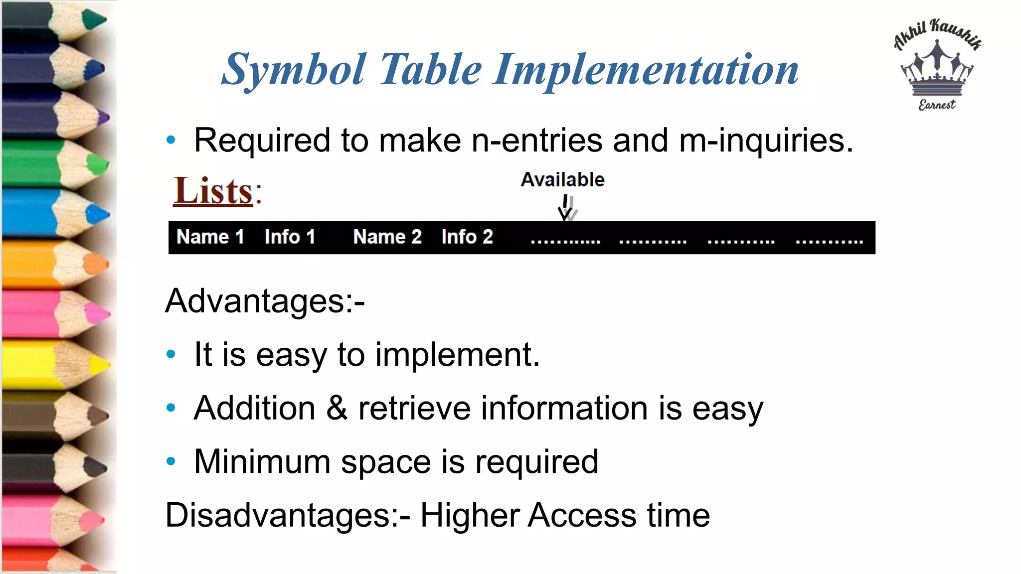 Symbol Table Implementation
• Required to make n-entries and m-inquiries.
Advantages:-
• It is easy to implement.
• Addition & retrieve information is easy
• Minimum space is required
Disadvantages:- Higher Access time
 