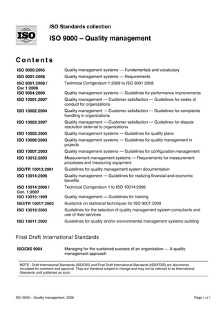 ISO 9000 – Quality management, 2009 Page 1 of 1
ISO Standards collection
ISO 9000 – Quality management
C o n t e n t s
ISO 9000:2005 Quality management systems — Fundamentals and vocabulary
ISO 9001:2008 Quality management systems — Requirements
ISO 9001:2008 /
Cor 1:2009
Technical Corrigendum 1:2009 to ISO 9001:2008
ISO 9004:2000 Quality management systems — Guidelines for performance improvements
ISO 10001:2007 Quality management — Customer satisfaction — Guidelines for codes of
conduct for organizations
ISO 10002:2004 Quality management — Customer satisfaction — Guidelines for complaints
handling in organizations
ISO 10003:2007 Quality management — Customer satisfaction — Guidelines for dispute
resolution external to organizations
ISO 10005:2005 Quality management systems — Guidelines for quality plans
ISO 10006:2003 Quality management systems — Guidelines for quality management in
projects
ISO 10007:2003 Quality management systems — Guidelines for configuration management
ISO 10012:2003 Measurement management systems — Requirements for measurement
processes and measuring equipment
ISO/TR 10013:2001 Guidelines for quality management system documentation
ISO 10014:2006 Quality management — Guidelines for realizing financial and economic
benefits
ISO 10014:2006 /
Cor. 1:2007
Technical Corrigendum 1 to ISO 10014:2006
ISO 10015:1999 Quality management — Guidelines for training
ISO/TR 10017:2003 Guidance on statistical techniques for ISO 9001:2000
ISO 10019:2005 Guidelines for the selection of quality management system consultants and
use of their services
ISO 19011:2002 Guidelines for quality and/or environmental management systems auditing
Final Draft International Standards
ISO/DIS 9004 Managing for the sustained success of an organization — A quality
management approach
NOTE - Draft International Standards (ISO/DIS) and Final Draft International Standards (ISO/FDIS) are documents
circulated for comment and approval. They are therefore subject to change and may not be referred to as International
Standards until published as such.
 