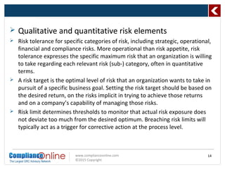 www.complianceonline.com
©2015 Copyright
 Qualitative and quantitative risk elements
 Risk tolerance for specific categories of risk, including strategic, operational,
financial and compliance risks. More operational than risk appetite, risk
tolerance expresses the specific maximum risk that an organization is willing
to take regarding each relevant risk (sub-) category, often in quantitative
terms.
 A risk target is the optimal level of risk that an organization wants to take in
pursuit of a specific business goal. Setting the risk target should be based on
the desired return, on the risks implicit in trying to achieve those returns
and on a company’s capability of managing those risks.
 Risk limit determines thresholds to monitor that actual risk exposure does
not deviate too much from the desired optimum. Breaching risk limits will
typically act as a trigger for corrective action at the process level.
14
 