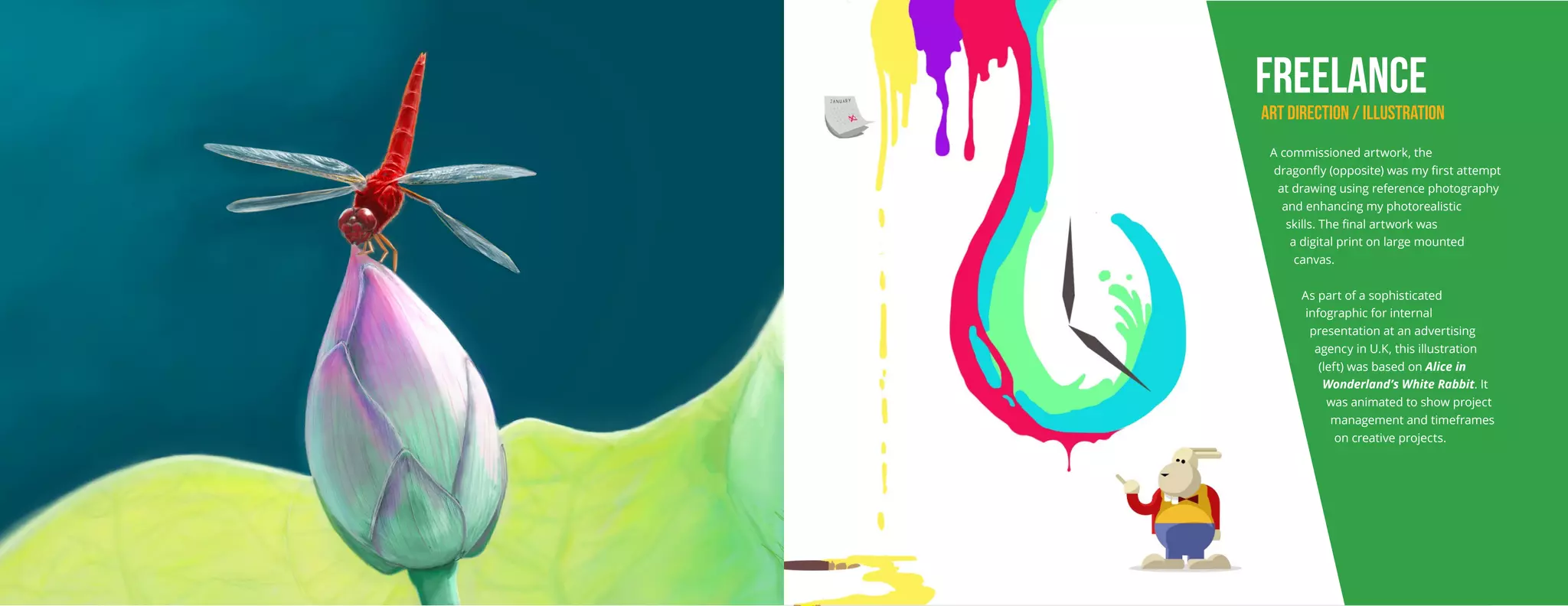 FREELANCE
ART DIRECTION / ILLUSTRATION
A commissioned artwork, the
dragonfly (opposite) was my first attempt
at drawing using reference photography
and enhancing my photorealistic
skills. The final artwork was
a digital print on large mounted
canvas.
As part of a sophisticated
infographic for internal
presentation at an advertising
agency in U.K, this illustration
(left) was based on Alice in
Wonderland’s White Rabbit. It
was animated to show project
management and timeframes
on creative projects.
 