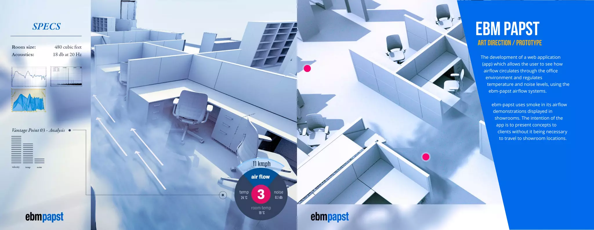 EBM PAPST
ART DIRECTION / PROTOTYPE
The development of a web application
(app) which allows the user to see how
airflow circulates through the office
environment and regulates
temperature and noise levels, using the
ebm-papst airflow systems.
ebm-papst uses smoke in its airflow
demonstrations displayed in
showrooms. The intention of the
app is to present concepts to
clients without it being necessary
to travel to showroom locations.
 