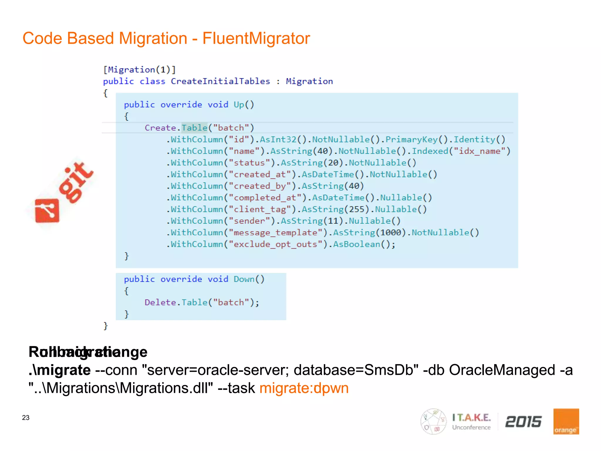 23
Code Based Migration - FluentMigrator
Run migration
.migrate --conn "server=oracle-server; database=SmsDb" -db OracleManaged -a
"..MigrationsMigrations.dll" --task migrate:up
Rollback change
.migrate --conn "server=oracle-server; database=SmsDb" -db OracleManaged -a
"..MigrationsMigrations.dll" --task migrate:down