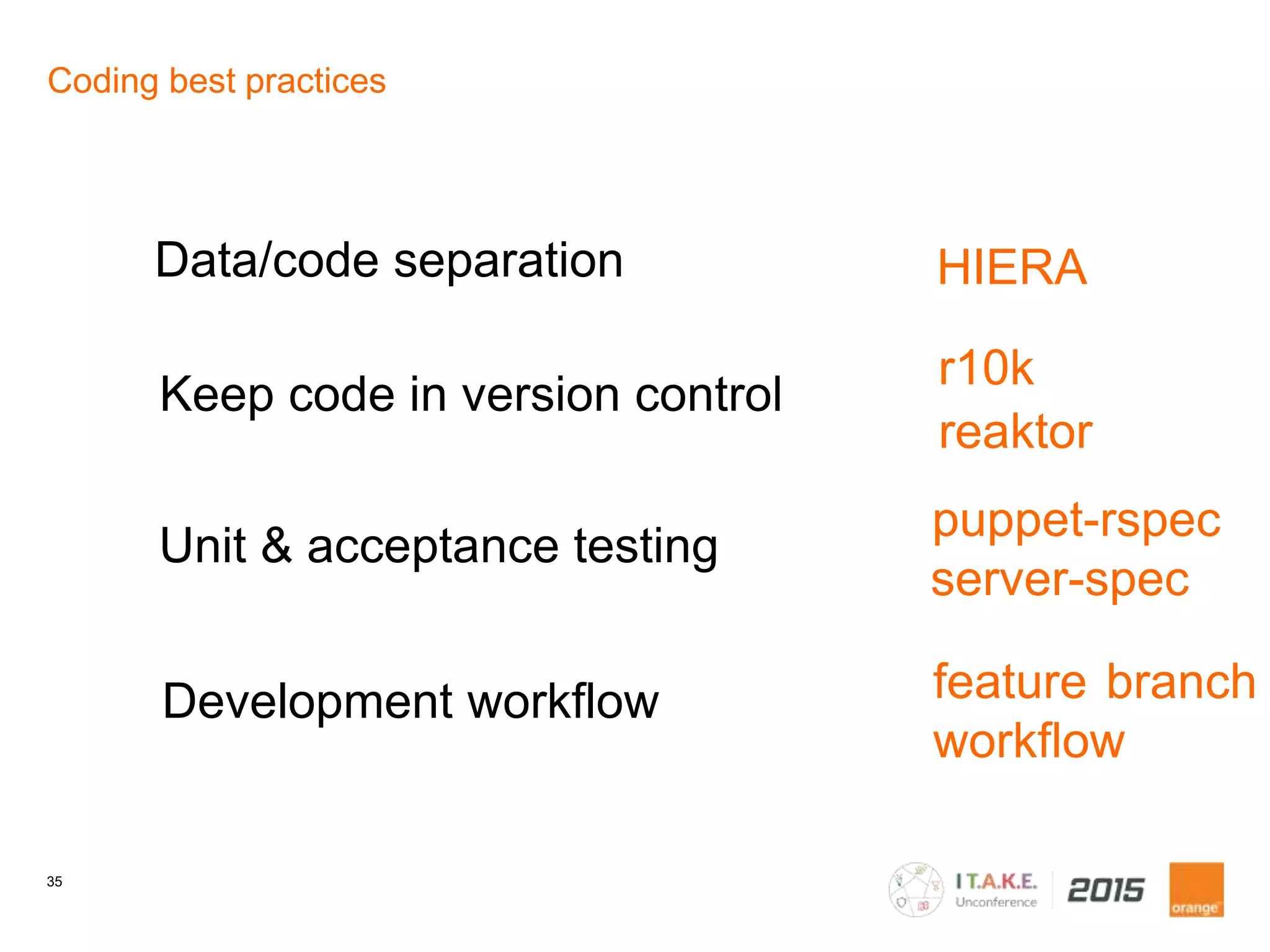 35
Coding best practices
Data/code separation
r10k
HIERA
Keep code in version control
reaktor
Unit & acceptance testing
Development workflow feature branch
workflow
puppet-rspec
server-spec