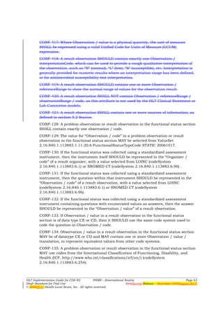 CONF-417: Where Observation / value is a physical quantity, the unit of measure
        SHALL be expressed using a valid Unified Code for Units of Measure (UCUM)
        expression.
        CONF-418: A result observation SHOULD contain exactly one Observation /
        interpretationCode, which can be used to provide a rough qualitative interpretation of
        the observation, such as “N” (normal), “L” (low), “S” (susceptible), etc. Interpretation is
        generally provided for numeric results where an interpretation range has been defined,
        or for antimicrobial susceptibility test interpretation.
        CONF-419: A result observation SHOULD contain one or more Observation /
        referenceRange to show the normal range of values for the observation result.
        CONF-420: A result observation SHALL NOT contain Observation / referenceRange /
        observationRange / code, as this attribute is not used by the HL7 Clinical Statement or
        Lab Committee models.
        CONF-421: A result observation SHALL contain one or more sources of information, as
        defined in section 5.2 Source.
        CONF-128: A problem observation or result observation in the functional status section
        SHALL contain exactly one observation / code.
        CONF-129: The value for “Observation / code” in a problem observation or result
        observation in the functional status section MAY be selected from ValueSet
        2.16.840.1.113883.1.11.20.6 FunctionalStatusTypeCode STATIC 20061017.
        CONF-130: If the functional status was collected using a standardized assessment
        instrument, then the instrument itself SHOULD be represented in the “Organizer /
        code” of a result organizer, with a value selected from LOINC (codeSystem
        2.16.840.1.113883.6.1) or SNOMED CT (codeSystem 2.16.840.1.113883.6.96) .
        CONF-131: If the functional status was collected using a standardized assessment
        instrument, then the question within that instrument SHOULD be represented in the
        “Observation / code” of a result observation, with a value selected from LOINC
        (codeSystem 2.16.840.1.113883.6.1) or SNOMED CT (codeSystem
        2.16.840.1.113883.6.96).
        CONF-132: If the functional status was collected using a standardized assessment
        instrument containing questions with enumerated values as answers, then the answer
        SHOULD be represented in the “Observation / value” of a result observation.
        CONF-133: If Observation / value in a result observation in the functional status
        section is of data type CE or CD, then it SHOULD use the same code system used to
        code the question in Observation / code.
        CONF-134: Observation / value in a result observation in the functional status section
        MAY be of datatype CE or CD and MAY contain one or more Observation / value /
        translation, to represent equivalent values from other code systems.
        CONF-135: A problem observation or result observation in the functional status section
        MAY use codes from the International Classification of Functioning, Disability, and
        Health (ICF, http://www.who.int/classifications/icf/en/) (codeSystem
        2.16.840.1.113883.6.254).



HL7 Implementation Guide for CDA R2           PHMR – (International Realm)                                  Page 63
Draft Standard for Trial Use                                         FirstSecond Release – November 2008August 2010
© 20082010 Health Level Seven, Inc. All rights reserved.
 