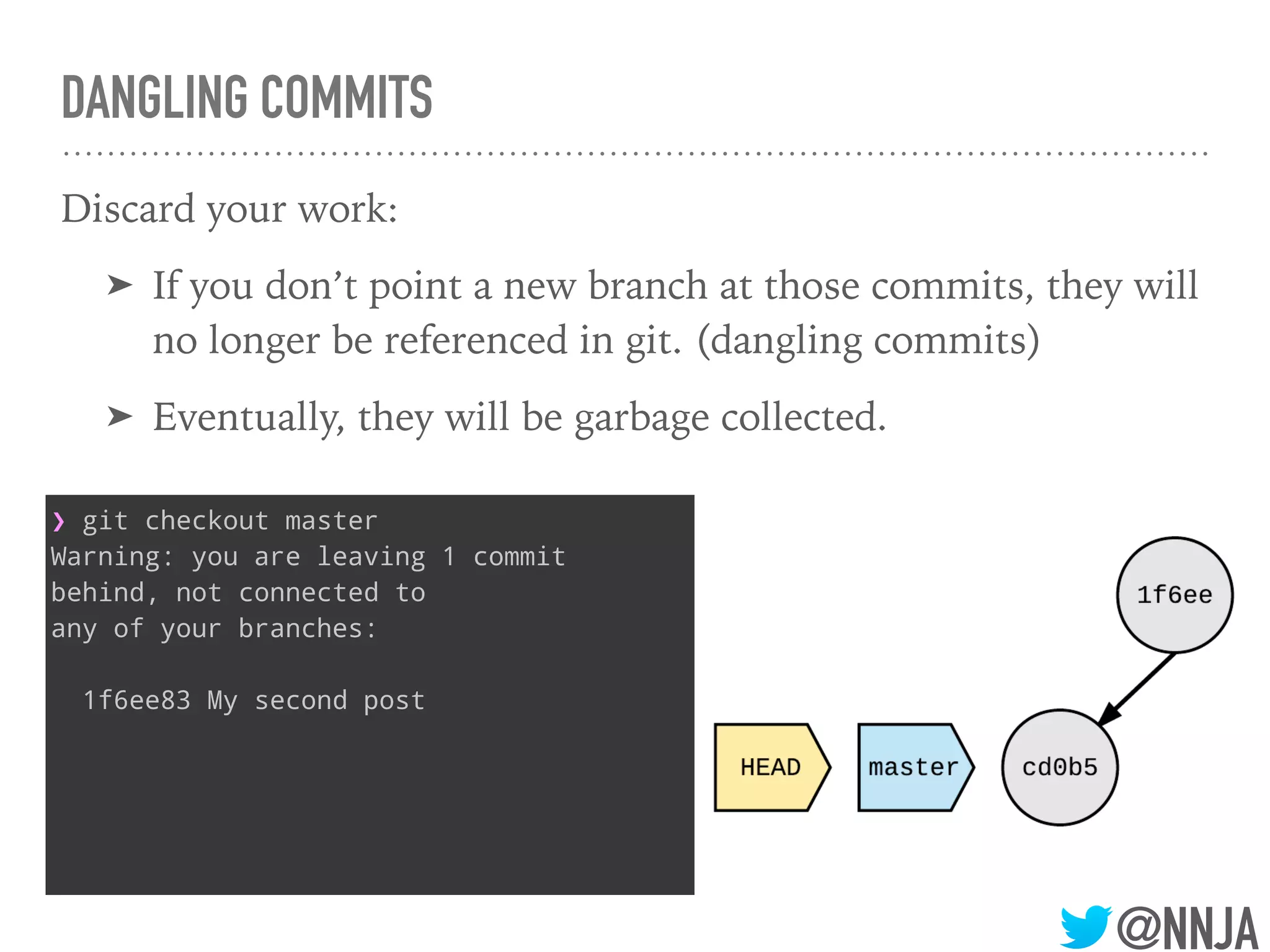 @NNJA
DANGLING COMMITS
Discard your work:
➤ If you don’t point a new branch at those commits, they will
no longer be referenced in git. (dangling commits)
➤ Eventually, they will be garbage collected.
❯ git checkout master
Warning: you are leaving 1 commit
behind, not connected to
any of your branches:
1f6ee83 My second post
 