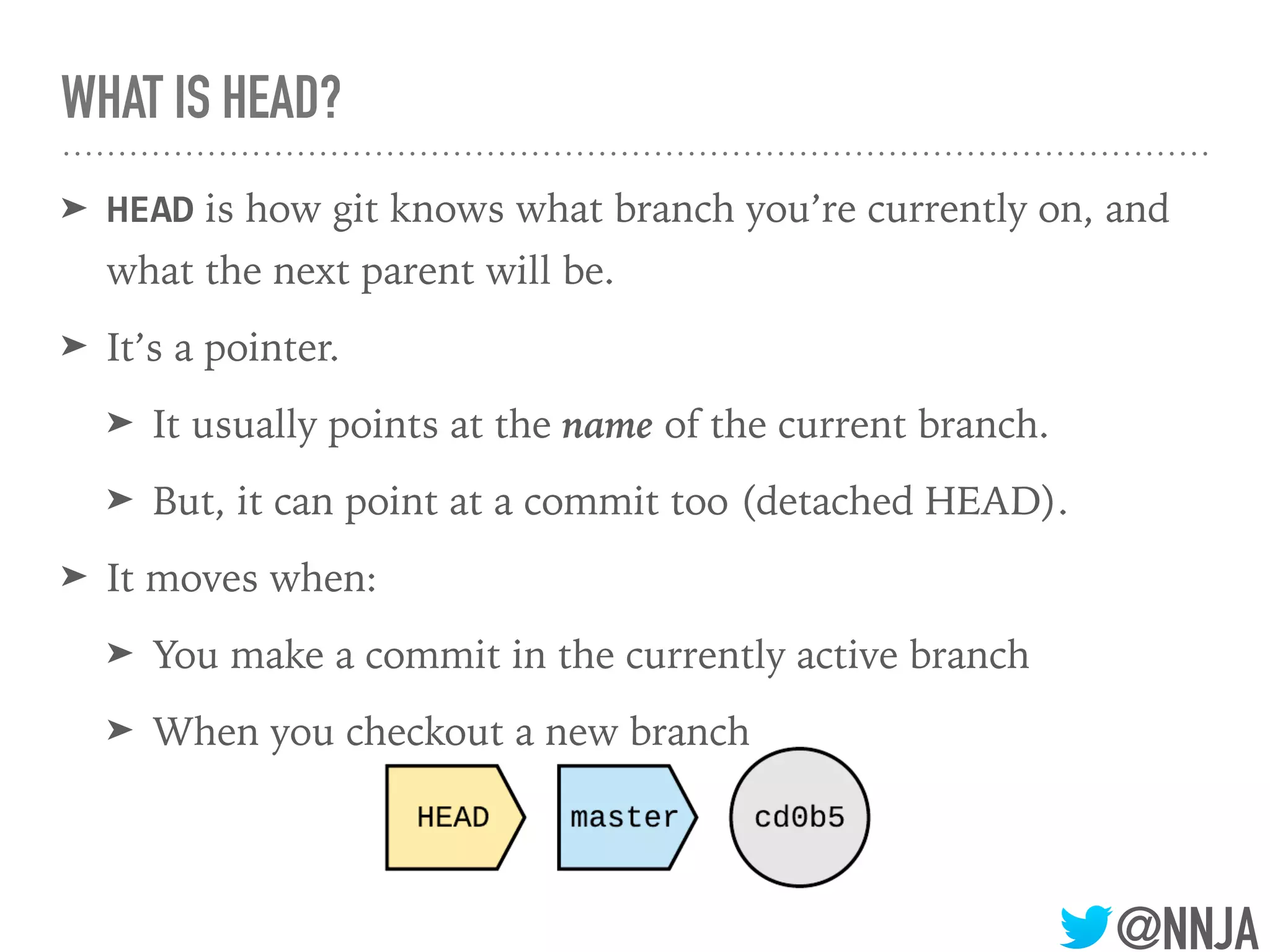 @NNJA
WHAT IS HEAD?
➤ HEAD is how git knows what branch you’re currently on, and
what the next parent will be.
➤ It’s a pointer.
➤ It usually points at the name of the current branch.
➤ But, it can point at a commit too (detached HEAD).
➤ It moves when:
➤ You make a commit in the currently active branch
➤ When you checkout a new branch
 