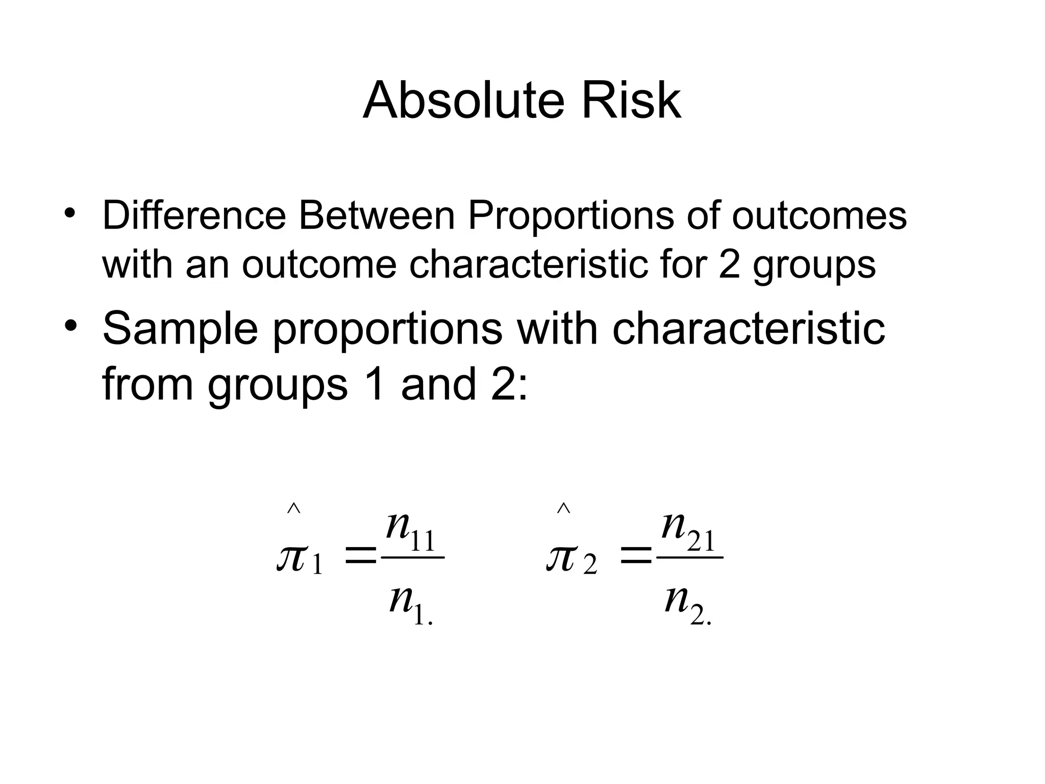 Absolute Risk
• Difference Between Proportions of outcomes
with an outcome characteristic for 2 groups
• Sample proportions with characteristic
from groups 1 and 2:
.
2
21
2
^
.
1
11
1
^
n
n
n
n

 

 
