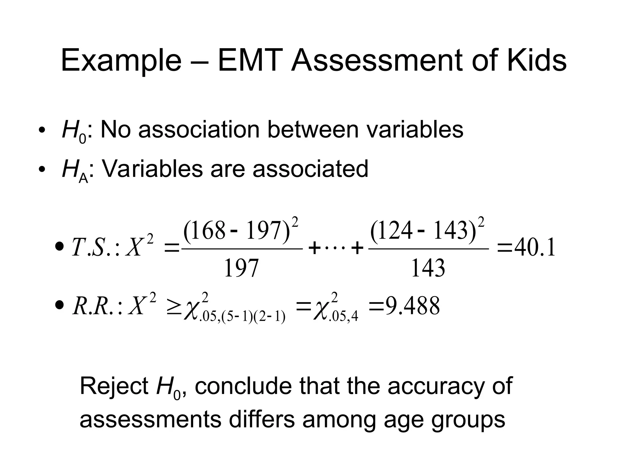 Example – EMT Assessment of Kids
• H0: No association between variables
• HA: Variables are associated
488
.
9
:
.
.
1
.
40
143
)
143
124
(
197
)
197
168
(
:
.
.
2
4
,
05
.
2
)
1
2
)(
1
5
(
,
05
.
2
2
2
2












 

X
R
R
X
S
T 
Reject H0, conclude that the accuracy of
assessments differs among age groups
 