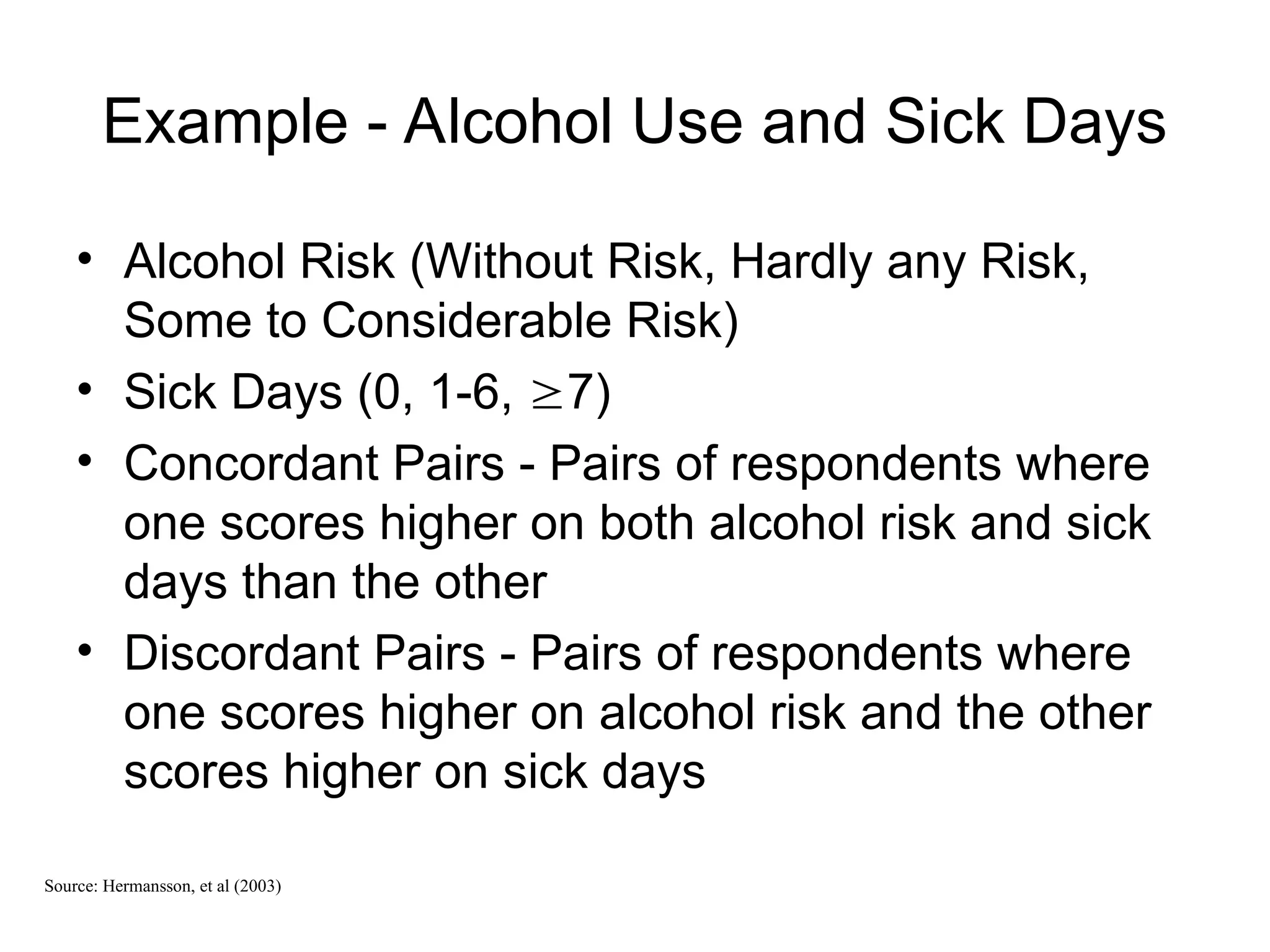 Example - Alcohol Use and Sick Days
• Alcohol Risk (Without Risk, Hardly any Risk,
Some to Considerable Risk)
• Sick Days (0, 1-6, 7)
• Concordant Pairs - Pairs of respondents where
one scores higher on both alcohol risk and sick
days than the other
• Discordant Pairs - Pairs of respondents where
one scores higher on alcohol risk and the other
scores higher on sick days
Source: Hermansson, et al (2003)
 