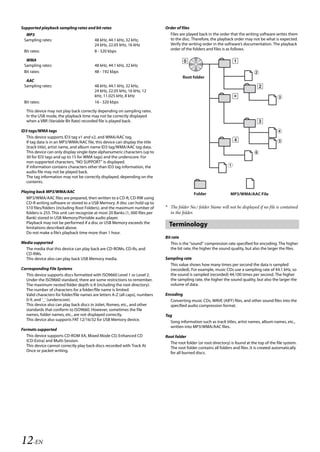 00ALPINE.book Page 12 Wednesday, January 20, 2010 2:30 PM




   Supported playback sampling rates and bit rates                                 Order of files
     MP3                                                                             Files are played back in the order that the writing software writes them
    Sampling rates:                          48 kHz, 44.1 kHz, 32 kHz,               to the disc. Therefore, the playback order may not be what is expected.
                                             24 kHz, 22.05 kHz, 16 kHz               Verify the writing order in the software’s documentation. The playback
    Bit rates:                               8 - 320 kbps                            order of the folders and files is as follows.

     WMA
    Sampling rates:                          48 kHz, 44.1 kHz, 32 kHz
    Bit rates:                               48 - 192 kbps
                                                                                             Root folder
     AAC
    Sampling rates:                          48 kHz, 44.1 kHz, 32 kHz,
                                             24 kHz, 22.05 kHz, 16 kHz, 12
                                             kHz, 11.025 kHz, 8 kHz
    Bit rates:                               16 - 320 kbps
                                                                                                                           *
      This device may not play back correctly depending on sampling rates.
      In the USB mode, the playback time may not be correctly displayed
      when a VBR (Variable Bit Rate) recorded file is played back.

   ID3 tags/WMA tags
     This device supports ID3 tag v1 and v2, and WMA/AAC tag.
     If tag data is in an MP3/WMA/AAC file, this device can display the title
     (track title), artist name, and album name ID3 tag/WMA/AAC tag data.
     This device can only display single-byte alphanumeric characters (up to
     30 for ID3 tags and up to 15 for WMA tags) and the underscore. For
     non-supported characters, “NO SUPPORT” is displayed.
     If information contains characters other than ID3 tag information, the
     audio file may not be played back.
     The tag information may not be correctly displayed, depending on the
     contents.

   Playing back MP3/WMA/AAC                                                                        Folder                MP3/WMA/AAC File
      MP3/WMA/AAC files are prepared, then written to a CD-R, CD-RW using
      CD-R writing software or stored to a USB Memory. A disc can hold up to
      510 files/folders (including Root Folders), and the maximum number of        * The folder No./ folder Name will not be displayed if no file is contained
      folders is 255. This unit can recognize at most 20 Banks (1, 000 files per     in the folder.
      Bank) stored in USB Memory/Portable audio player.
      Playback may not be performed if a disc or USB Memory exceeds the
      limitations described above.
                                                                                     Terminology
      Do not make a file’s playback time more than 1 hour.
                                                                                   Bit rate
   Media supported                                                                    This is the “sound” compression rate specified for encoding. The higher
     The media that this device can play back are CD-ROMs, CD-Rs, and                 the bit rate, the higher the sound quality, but also the larger the files.
     CD-RWs.
     This device also can play back USB Memory media.                              Sampling rate
                                                                                     This value shows how many times per second the data is sampled
   Corresponding File Systems                                                        (recorded). For example, music CDs use a sampling rate of 44.1 kHz, so
     This device supports discs formatted with ISO9660 Level 1 or Level 2.           the sound is sampled (recorded) 44,100 times per second. The higher
     Under the ISO9660 standard, there are some restrictions to remember.            the sampling rate, the higher the sound quality, but also the larger the
     The maximum nested folder depth is 8 (including the root directory).            volume of data.
     The number of characters for a folder/file name is limited.
     Valid characters for folder/file names are letters A-Z (all caps), numbers    Encoding
     0-9, and ‘_’ (underscore).                                                      Converting music CDs, WAVE (AIFF) files, and other sound files into the
     This device also can play back discs in Joliet, Romeo, etc., and other          specified audio compression format.
     standards that conform to ISO9660. However, sometimes the file
     names, folder names, etc., are not displayed correctly.                       Tag
     This device also supports FAT 12/16/32 for USB Memory device.                   Song information such as track titles, artist names, album names, etc.,
                                                                                     written into MP3/WMA/AAC files.
   Formats supported
     This device supports CD-ROM XA, Mixed Mode CD, Enhanced CD                    Root folder
     (CD-Extra) and Multi-Session.                                                   The root folder (or root directory) is found at the top of the file system.
     This device cannot correctly play back discs recorded with Track At             The root folder contains all folders and files. It is created automatically
     Once or packet writing.                                                         for all burned discs.




   12-EN

                                                                                                                   ALPINE CDA-117E 68-14470Z54-B (EN)
 