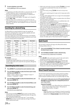 00ALPINE.book Page 24 Wednesday, January 20, 2010 2:30 PM




   3    To pause playback, press .                                               • While in the search mode, if you press and hold ESC for 2 seconds,
        Pressing  again will resume playback.                                      or no operation is performed for 60 seconds, the search mode is
                                                                                    cancelled.
   Notes                                                                          • In the search mode, pressing ESC will return to the previous
   • A song playing on the iPhone/iPod while it is connected to this unit will      mode.
     continue to play from where it was paused after disconnection.               • When search is made during M.I.X. play, the M.I.X. play mode will be
   • If you listen to an episode from a selected podcast or audiobook, the          cancelled.
     episode can be changed by pressing  or .                                   • “No Song” will be displayed if there are no songs in the selected playlist
   • An episode may have several chapters. The chapter can be changed by            in the Playlist search mode.
     pressing  or .                                                             • “No Podcast” will be displayed if there is no podcast data in the iPhone/
   • When an iPhone 3GS or an iPod (Ver.3.x) is connected to this unit,             iPod in the Podcast search mode.
     after changing the source or received interruption, etc., to return to USB   • “No Audiobook” will be displayed if there is no audiobook data in the
     iPod mode, “No USB Unit” may be displayed. In this case, reconnect the         iPhone/iPod in the Audiobook search mode.
     iPhone 3GS/iPod.                                                             • If “iPod name” stored in the iPhone/iPod is selected in the desired
                                                                                    Playlist search mode, and ENTER is pressed, you can search for all
                                                                                    songs in the iPhone/iPod. Also, if you press and hold ENTER for at
                                                                                    least 2 seconds, all songs in the iPhone/iPod are played back.
   Searching for a desired Song                                                   • Depending on the iPhone/iPod, podcast search is not supported.
                                                                                  • If Alphabet Skip Function is activated in the search mode, a search can
   An iPhone/iPod can contain hundreds of songs. By using file tag                  be made quickly by Alphabet skip function to find the desired artist or
   information and keeping these songs organised in playlists, this unit’s          song, etc. For details, refer to “Alphabet Skip Function” on page 25.
   search functions will ease song searches.                                      • If any one of the preset buttons (1 through 6) is pressed in the
   Each music category has its own individual hierarchy. Use the Playlist/          search mode, a search can be made quickly by skipping to the specified
   Artist/Album/Song/Podcast/Genre/Composer/Audiobook search mode                   location. For details, refer to “Direct Search Function” on page 24.
   to narrow searches based on the table below.

       Hierarchy 1       Hierarchy 2        Hierarchy 3        Hierarchy 4        Quick Search
         Playlist           Song                 —                  —
         Artist*           Album*              Song                 —             You can search a song from all songs in the iPhone/iPod without
        Album*              Song                 —                  —             selecting an album, artist, etc.
          Song                —                  —                  —
                                                                                  1    Press and hold ENTER for at least 2 seconds to activate
        Podcast            Episode               —                  —                  the Quick Search mode.
         Genre*             Artist*           Album*               Song
       Composer*           Album*              Song                 —
                                                                                  2    Turn the Rotary encoder to select a desired song.
                                                                                       The selected song is played back immediately.
       Audiobook              —                  —                  —
                                                                                  Notes
   For example:                                                                   • Press ESC in the search mode to cancel. Or, the search mode is
     Searching by Artist name.                                                      cancelled if no operation is performed for 10 seconds.
     The following example explains how an Artist search is performed.            • If many songs are in iPhone/iPod, it takes time to search for songs.
     Another search mode can be used for the same operation, although the         • If any one of the preset buttons (1 through 6) is pressed in the
     hierarchy differs.                                                             search mode, a search can be made quickly by skipping to the specified
                                                                                    location. For details, refer to “Direct Search Function” on page 24.
       Searching by artist name                                                   • This function is inactive during repeat (RPT) playback.

   1    Press ENTER to activate the search selection mode.
                                                                                  Direct Search Function
   2    Turn the Rotary encoder to select the Artist search mode,
        and then press ENTER.
                                                                                  The unit’s direct search function can be used to search for an album,
        Playlist  Artist  Album  Song  Podcast  Genre                       song, etc., more efficiently. In Playlist/Artist/Album/Song/Podcast/
        Composer  Audiobook  Playlist                                           Genre/Composer/Audiobook mode, you can quickly target any song.

   3    Turn the Rotary encoder to select the desired Artist, and                 1    In the search mode, press any one of the preset buttons (1
        then press ENTER.                                                            through 6) to quickly skip over a designated percent of
                                                                                       your song content.
   4    Turn the Rotary encoder to select the desired Album, and
        then press ENTER.                                                            Song search example:
                                                                                         If there are 100 songs in your iPhone/iPod, they are divided into 6
   5    Turn the Rotary encoder to select the desired Song, and                          groups using percentages (shown below). These groups are
        then press ENTER.                                                              assigned to preset buttons 1 through 6.
        The selected song is played back.                                                 Example 1:
                                                                                            Suppose the song you are searching for is located at around the
   Notes                                                                                    middle (50%) of your library: press button 4 to jump to the 50th
   • After pressing and holding ENTER for at least 2 seconds while in                     song and turn the Rotary encoder to find the desired song.
     each hierarchy (except Song and Audiobook hierarchy), all songs of the
     selected hierarchy are played back.
   • After selecting [ALL] in the search mode with “*”, press and hold
     ENTER for at least 2 seconds to play back all songs in the iPhone/
     iPod or selected search mode.


   24-EN

                                                                                                                 ALPINE CDA-117E 68-14470Z54-B (EN)
 
