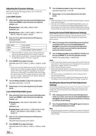 00ALPINE.book Page 30 Wednesday, January 20, 2010 2:30 PM




   Adjusting the Crossover Settings                                             4    Turn the Rotary encoder to adjust the output level.
                                                                                     Adjustable output level: –12 to 0 dB.
   Before performing the following procedures, refer to “About the
   Crossover” on page 32.
                                                                                5    Repeat steps 1 to 4 to make adjustment to the other
                                                                                     bands.
   2.2ch (3WAY) System
                                                                                Notes
   1     After selecting X-Over from the Sound Field Adjustment                 • While adjusting the X-Over, you should consider the frequency response
         mode, press BAND to select the band to be adjusted.                      of the connected speakers.
         NORMAL (L=R)                                                           • About the 2.2ch (3WAY)/4.2ch (FRONT/REAR/SUBW.) system, you
                                                                                  can switch to 2.2ch (3WAY)/4.2ch (FRONT/REAR/SUBW.) system
          Setting items: LOW / MID-L / MID-H / HIGH                              mode with the 2.2ch (3WAY)/4.2ch (FRONT/REAR/SUBW.) switch on
         INDIVIDUAL (L/R)                                                         the PXA-H100. For details, refer to the Owner’s Manual of PXA-H100.

          Setting items: LOW-L / LOW-R / MID-L-L / MID-L-R /                   Storing the Sound Field Adjustment Settings
           MID-H-L / MID-H-R / HIGH-L / HIGH-R
                                                                                The Sound Field Adjustment Settings containing Parametric EQ/
   2     Press  or  to select the desired cut-off frequency                   Graphic EQ, T.Correction and X-Over settings can be stored in the
                                                                                preset memory.
         (Crossover Point).
         Adjustable frequency bands:                                            1    When the settings of Sound Field Adjustment have been
       LOW / MID-L              20 Hz~200 Hz
                                                                                     completed, select any one of the preset buttons (1
                                                                                     through 6) in any item of the Sound Field Adjustment
       MID-H                    20 Hz~20 kHz                                         mode (e.g. X-Over), press and hold the desired preset
       HIGH                     (1 kHz~20 kHz)*1/(20 Hz~20 kHz)*2                    buttons for at least 2 seconds.
         *1 When FACTORY’S is selected, refer to “Setting the Response
            Slope for the High Range Speaker (TW Setup)” on page 28.
                                                                                2    Turn the Rotary encoder to select PROTECT YES/NO, and
         *2 When USER’S is selected, refer to “Setting the Response Slope for        then press ENTER to store the adjusted contents.
            the High Range Speaker (TW Setup)” on page 28.                           PROTECT YES (Initial setting)  PROTECT NO

   3     Press SOURCE to adjust the slope.                                    Notes
                                                                                • If YES is selected, the adjusted contents are protected and stored into the
         Adjustable slope: FLAT*, 6 dB/oct., 12 dB/oct., 18 dB/oct., 24 dB/       preset buttons. When you want to store the parameter into a protected
         oct.                                                                     preset button, “Replace NO/YES” can be selected.
         * FLAT can be set for the HIGH slope only when TW Setup is set to      • If NO is selected, the preset is stored.
           USER’S (refer to “Setting the Response Slope for the High Range      • While performing this operation, all adjusted contents of Parametric
           Speaker (TW Setup)” on page 28). Depending on the response             EQ/Graphic EQ, T.Correction and X-Over will be stored in the preset
           characteristics of the speaker, care should be taken when setting      buttons.
           the response slope to FLAT, as speaker damage may result. With       • The stored contents are not deleted even when resetting the unit or
           this unit, a message is displayed when the response slope for the      disconnecting the battery.
           high range speaker is set to FLAT.                                   • The stored contents can be recalled by performing operation (refer to
                                                                                  “Recalling the Stored Sound Field Adjustment Settings” on page 30).
   4     Turn the Rotary encoder to adjust the output level.
         Adjustable output level: –12 to 0 dB.                                  Recalling the Stored Sound Field Adjustment
                                                                                Settings
   5     Repeat steps 1 to 4 to make adjustment to the other
         bands.                                                                 The stored Sound Field Adjustment Settings contain Parametric EQ/
                                                                                Graphic EQ, T.Correction and X-Over settings that are stored in the
   4.2ch (FRONT/REAR/SUBW.) System                                              preset memory.

   1     After selecting X-Over from the Sound Field Adjustment                 1    After selecting any item of the Sound Field Adjustment
         mode, press BAND to select the band to be adjusted.                         mode (e.g. X-Over), press any one of the preset buttons (1
         NORMAL (L=R)                                                                through 6) that has your desired characteristic in memory
                                                                                     to recall the stored settings.
          Setting items: LOW (SUB-W) / MID (REAR) / HIGH
           (FRONT)                                                              2    Press the preset buttons (1 through 6) again to return to
         INDIVIDUAL (L/R)                                                            the Sound Field Adjustment mode.
                                                                                Note
          Setting items: LOW (SUB-W)-L / LOW (SUB-W)-R / MID
                                                                                • While performing this operation, all adjustment contents of Parametric
           (REAR)-L / MID (REAR)-R / HIGH (FRONT)-L / HIGH
                                                                                  EQ/Graphic EQ, T.Correction and X-Over stored in the preset buttons
           (FRONT)-R                                                              will be recalled.

   2     Press  or  to select the desired cut-off frequency
         (Crossover Point).
         Adjustable frequency bands: 20 Hz~200 Hz

   3     Press SOURCE to adjust the slope.
         Adjustable slope: FLAT, 6 dB/oct., 12 dB/oct., 18 dB/oct., 24 dB/
         oct.


   30-EN

                                                                                                               ALPINE CDA-117E 68-14470Z54-B (EN)
 