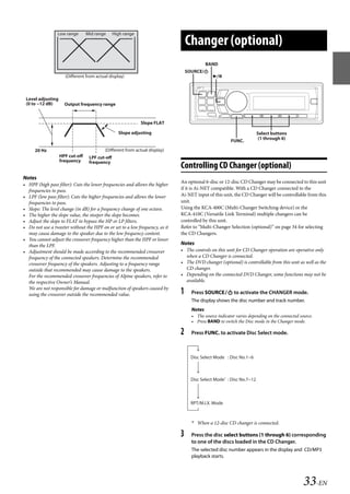 00ALPINE.book Page 33 Wednesday, January 20, 2010 2:30 PM




                    Low range       Mid range      High range

                                                                                    Changer (optional)
                                                                                              BAND
                                                                                    SOURCE/
                        (Different from actual display)                                          



    Level adjusting
    (0 to −12 dB)       Output frequency range


                                                                Slope FLAT

                                                     Slope adjusting                                                     Select buttons
                                                                                                                          (1 through 6)
                                                                                                          FUNC.

         20 Hz                              (Different from actual display)
                      HPF cut-off    LPF cut-off
                      frequency      frequency
                                                                                Controlling CD Changer (optional)
   Notes
                                                                                An optional 6-disc or 12-disc CD Changer may be connected to this unit
   • HPF (high pass filter): Cuts the lower frequencies and allows the higher
     frequencies to pass.                                                       if it is Ai-NET compatible. With a CD Changer connected to the
   • LPF (low pass filter): Cuts the higher frequencies and allows the lower    Ai-NET input of this unit, the CD Changer will be controllable from this
     frequencies to pass.                                                       unit.
   • Slope: The level change (in dB) for a frequency change of one octave.      Using the KCA-400C (Multi-Changer Switching device) or the
   • The higher the slope value, the steeper the slope becomes.                 KCA-410C (Versatile Link Terminal) multiple changers can be
   • Adjust the slope to FLAT to bypass the HP or LP filters.                   controlled by this unit.
   • Do not use a tweeter without the HPF on or set to a low frequency, as it   Refer to “Multi-Changer Selection (optional)” on page 34 for selecting
     may cause damage to the speaker due to the low frequency content.          the CD Changers.
   • You cannot adjust the crossover frequency higher than the HPF or lower
     than the LPF.                                                              Notes
   • Adjustment should be made according to the recommended crossover           • The controls on this unit for CD Changer operation are operative only
     frequency of the connected speakers. Determine the recommended               when a CD Changer is connected.
     crossover frequency of the speakers. Adjusting to a frequency range        • The DVD changer (optional) is controllable from this unit as well as the
     outside that recommended may cause damage to the speakers.                   CD changer.
     For the recommended crossover frequencies of Alpine speakers, refer to     • Depending on the connected DVD Changer, some functions may not be
     the respective Owner’s Manual.                                               available.
     We are not responsible for damage or malfunction of speakers caused by
     using the crossover outside the recommended value.                         1     Press SOURCE to activate the CHANGER mode.
                                                                                      The display shows the disc number and track number.
                                                                                      Notes
                                                                                      • The source indicator varies depending on the connected source.
                                                                                      • Press BAND to switch the Disc mode in the Changer mode.

                                                                                2     Press FUNC. to activate Disc Select mode.



                                                                                      Disc Select Mode : Disc No.1~6



                                                                                      Disc Select Mode* : Disc No.7~12



                                                                                      RPT/M.I.X. Mode



                                                                                      * When a 12-disc CD changer is connected.

                                                                                3     Press the disc select buttons (1 through 6) corresponding
                                                                                      to one of the discs loaded in the CD Changer.
                                                                                      The selected disc number appears in the display and CD/MP3
                                                                                      playback starts.




                                                                                                                                                 33-EN

                                                                                                                ALPINE CDA-117E 68-14470Z54-B (EN)
 