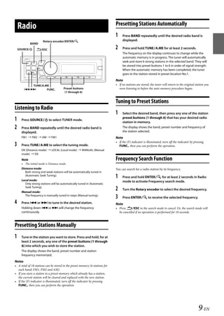 00ALPINE.book Page 9 Wednesday, January 20, 2010 2:30 PM




                                                                                 Presetting Stations Automatically
       Radio
                                                                                 1    Press BAND repeatedly until the desired radio band is
                          Rotary encoder/ENTER/                                      displayed.
                BAND
       SOURCE/     /ESC                                                        2    Press and hold TUNEA.ME for at least 2 seconds.
                                                                                      The frequency on the display continues to change while the
                                                                                      automatic memory is in progress. The tuner will automatically
                                                                                      seek and store 6 strong stations in the selected band. They will
                                                                                      be stored into preset buttons 1 to 6 in order of signal strength.
                                                                                      When the automatic memory has been completed, the tuner
                                                                                      goes to the station stored in preset location No.1.
                                                                                 Note
             TUNE/A.ME                                                           • If no stations are stored, the tuner will return to the original station you
                   FUNC.                Preset buttons                           were listening to before the auto memory procedure began.
                                           (1 through 6)


                                                                                 Tuning to Preset Stations
   Listening to Radio
                                                                                 1    Select the desired band, then press any one of the station
                                                                                      preset buttons (1 through 6) that has your desired radio
   1     Press SOURCE to select TUNER mode.
                                                                                      station in memory.
   2     Press BAND repeatedly until the desired radio band is                        The display shows the band, preset number and frequency of
         displayed.                                                                   the station selected.
         FM1  FM2  AM  FM1                                                    Note
                                                                                 • If the (F) indicator is illuminated, turn off the indicator by pressing
   3     Press TUNEA.ME to select the tuning mode.                                FUNC., then you can perform the operation.
         DX (Distance mode)  LOCAL (Local mode)  MANUAL (Manual
         mode)  DX
         Note                                                                    Frequency Search Function
         • The initial mode is Distance mode.
         Distance mode:                                                          You can search for a radio station by its frequency.
            Both strong and weak stations will be automatically tuned in
            (Automatic Seek Tuning).
         Local mode:
                                                                                 1    Press and hold ENTER for at least 2 seconds in Radio
                                                                                      mode to activate Frequency search mode.
           Only strong stations will be automatically tuned in (Automatic
           Seek Tuning).
         Manual mode:
                                                                                 2    Turn the Rotary encoder to select the desired frequency.
           The frequency is manually tuned in steps (Manual tuning).
                                                                                 3    Press ENTER to receive the selected frequency.
   4     Press  or  to tune in the desired station.                            Note
         Holding down  or  will change the frequency                           • Press ESC in the search mode to cancel. Or, the search mode will
         continuously.                                                             be cancelled if no operation is performed for 10 seconds.



   Presetting Stations Manually
   1     Tune in the station you want to store. Press and hold, for at
         least 2 seconds, any one of the preset buttons (1 through
         6) into which you wish to store the station.
         The display shows the band, preset number and station
         frequency memorized.
   Notes
   • A total of 18 stations can be stored in the preset memory (6 stations for
     each band; FM1, FM2 and AM).
   • If you store a station in a preset memory which already has a station,
     the current station will be cleared and replaced with the new station.
   • If the (F) indicator is illuminated, turn off the indicator by pressing
     FUNC., then you can perform the operation.




                                                                                                                                                      9-EN

                                                                                                                 ALPINE CDA-117E 68-14470Z54-B (EN)
 