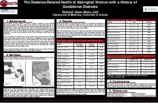The Diabetes-Related Health of Aboriginal Women with a History of
                                                              Gestational Diabetes
                                                                                                      Richard T. Oster, Ellen L. Toth
                                                                                               Department of Medicine, University of Alberta
                                                                                                                                                                                                      Results of simple regression analysis (univariate)
        1. Background                                                                                    3. Results                                                                                   Variable                                                                OR                                     P-value
The prevalence of type 2 diabetes is increasing, seemingly unabated (1). Many Canadian               A total of 3568 adult (≥ 20 years) Aboriginal women were screened (2611 First Nations and
Aboriginal populations suffer type 2 diabetes rates that are 2-5 times higher than the non-          957 Métis). Of these, 369 (10.3%) reported having previous GD and were included in the           Age                                                            1.07 (1.04 - 1.09)                               <0.001
Aboriginal population (2, 3), with Aboriginal women being disproportionately affected (4). It is     current analysis. Interestingly, rates of GD were significantly higher among First Nations       Waist circumference                                            1.04 (1.02 - 1.05)                               <0.001
believed that a complex combination of social, cultural, environmental and genetic factors are       women (12.1%) compared to Métis women (5.5%) (p<0.001).
at play. In attempts to further understand the causes, the possible contribution of gestational
                                                                                                                                                                                                      BMI                                                            1.06 (1.02 - 1.10)                                0.002
diabetes (GD) has received recent attention. In Aboriginal populations, it is suggested that GD      Of the 369 included women, 316 were First Nations, 53 were Métis, and 215 had developed
contributes to a vicious cycle by increasing the risk of type 2 diabetes in both offspring and       diabetes by the time of screening. Unsurprisingly, women with diabetes had higher mean           Systolic blood pressure                                        1.03 (1.01 - 1.04)                                0.001
mothers (5).                                                                                         values for age, waist circumference, BMI, systolic blood pressure, mean arterial pressure, and
                                                                                                     total cholesterol, and were more likely to have metabolic syndrome, to be First Nations and      Diastolic blood pressure                                       1.02 (0.99 - 1.04)                                0.174
The risk of diabetes varies depending on the population being studied and is further elevated        to have a sibling with diabetes.
among obese women and those with a family history of diabetes (6), which is particularly                                                                                                              Mean arterial pressure                                         1.03 (1.01 - 1.05)                                 0.01
problematic for First Nations women who suffer significantly higher rates of both diabetes and       Characteristics of Aboriginal women with a history of GD. Values are means (±
obesity (7). For instance, a retrospective chart review of First Nations women diagnosed with GD                                                                                                      Total cholesterol                                              1.32 (1.08 - 1.63)                                0.008
                                                                                                     SD) or prevalence (95% CI).
in the Sioux Lookout Zone, Ontario found that greater than 70% developed type 2 diabetes
                                                                                                     Variable                              No diabetes              Diabetes           P-value        Parent with diabetes                                           1.28 (0.84 - 1.95)                                0.243
within four years (8). However, little is known of risk factors for developing type 2 diabetes
among Aboriginal women with a history of GD.                                                                                                (N = 154)               (N = 215)
                                                                                                                                                                                                      Sibling with diabetes                                          2.91 (1.84 - 4.59)                               <0.001
                                                                                                     Age (years; n=369)                     37.7 (9.8)             45.7 (12.5)           <0.01
We investigated the diabetes-related health of Aboriginal women with a history of GD in the                                                                                                           Metabolic syndrome                                             3.13 (1.98 - 4.95)                               <0.001
province of Alberta. Our purpose was to uncover predictors of diabetes.                              Waist circumference (cm;              103.4 (15.2)           110.3 (13.4)           <0.01
                                                                                                     n=334)                                                                                           First Nations ethnicity                                       5.45 (2.80 - 10.61)                               <0.001
                                                                                                     BMI (kg/m2; n=345)                     31.6 (6.1)             33.7 (6.4)            <0.01
        2. Methods                                                                                   Systolic blood pressure               117.0 (16.5)           123.0 (15.1)           <0.01        Odds ratios (OR) of variables associated with diabetes in Aboriginal women with
We accessed the databases of three separate community-based diabetes and risk screening                                                                                                               a history of GD. Values are ORs (95% CI).
                                                                                                     (mmHg; n=360)
projects. Subjects self-referred from Aboriginal and rural communities in Alberta.                                                                                                                    Variable                                                       Unadjusted OR                            Adjusted OR*
                                                                                                     Diastolic blood pressure               73.1 (10.8)            74.6 (8.9)            0.17
                                                                                                     (mmHg; n=360)
                                                                                                                                                                                                      Age                                                           1.07 (1.04 - 1.09)                      1.06 (1.03 - 1.09)
                                          K                                                          Mean arterial pressure
                                                                                                     (mmHg; n=360)
                                                                                                                                            87.6 (11.7)            90.5 (9.7)            <0.01
                                                                                                                                                                                                      Waist circumference                                           1.04 (1.02 - 1.05)                      1.05 (1.01 - 1.09)
                                                                                                     Total cholesterol (mmol/L;              4.9 (0.9)              5.2 (1.2)            0.01
                                                                                                                                                                                                      Sibling with diabetes                                         2.91 (1.84 - 4.59)                      2.34 (1.30 - 4.20)
                                                                                                     n=323)
                                                                                                     % Parent with diabetes            54.3 % (46.0 - 62.3) 59.8% (52.9 - 66.4)          0.29         Metabolic syndrome                                            3.13 (1.98 - 4.95)                      3.24 (1.74 - 6.04)
                                                                                                     (n=369)
                                                                                                     % Sibling with diabetes           24.2% (17.6 - 31.8) 48.1% (41.3 - 55.0)           <0.01        Ethnicity†                                                    5.45 (2.80 - 10.61)                    6.38 (2.64 - 15.40)
                                                                                                     (n=369)
                                                                                                                                                                                                      *Adjusted for confounders (mean arterial pressure, BMI, and total cholesterol)
                                                                                                     % Metabolic syndrome              23.5% (17.1 - 31.1) 48.6% (41.7 - 55.5)           <0.01
                                                                                                                                                                                                      † First Nations compared to Métis
                                                                                                     (n=369)
                                                                                                     % First Nations (n=369)           74.5% (66.8 - 81.2) 94.4% (90.4 - 97.1)           <0.01

Canadian Aboriginal Issues
                                                       Aboriginal Affairs and
                                                       Northern Development
                                                                                                     Age at diagnosis (years;                  N/A                 35.5 (10.6)            N/A
                                                                                                                                                                                                             4. Conclusions
Database, www.ualberta.ca/                             Canada, www.ainc-
                                                                                                     n=202)                                                                                           Age, waist circumference, having a sibling with diabetes, having metabolic syndrome and
~walld/map.html                                        inac.gc.ca

                                    h                                                                Duration of diabetes (years;              N/A                 10.5 (9.5)             N/A         being of First Nations ethnicity are independent predictors of diabetes among women with
                                                                                                     n=202)                                                                                           previous GD. First Nations ethnicity is more predictive of diabetes than Métis ethnicity.
Subjects were screened with clinical exams and portable lab technology between the years             In the final adjusted model, significant associations remained for waist circumference (odds
2003-2011. Body mass index (BMI), waist circumference, total cholesterol, blood pressure,
ethnicity, age, diabetes status, as well as the presence of metabolic syndrome and family history
                                                                                                     ratio [OR] 1.05; 95% CI 1.01 - 1.09), age (OR 1.06; 95% CI 1.03 - 1.09), having a sibling with
                                                                                                     diabetes (OR 2.34; 95% CI 1.30 - 4.20), metabolic syndrome (OR 3.13; 95% CI 1.74 - 6.04),
                                                                                                                                                                                                            5. References
of diabetes was assessed. Chi-square tests and t-tests were used to identify any between group                                                                                                        1. Shaw JE et al. Diabetes Res Clin Pract. 2010;87(1):4-14.        2. Young TK et al. CMAJ. 2000;163(5):561-6.
                                                                                                     and First Nations ethnicity (OR 6.38; 95% CI 2.64 - 15.40).                                      3. King M et al. Lancet. 2009;374(9683):76-85.                     4. Dyck R et al. CMAJ. 2010;182(3):249-56.
differences. Statistical modeling using multiple regression analysis (purposeful) was conducted to                                                                                                    5. Osgood ND et al. Am J Public Health. 2011;101(1):173-9.         6. Krishnaveni GV et al. Diabetes Res Clin Pract. 2007;78(3):398-404.
quantify the relationships between diabetes and measured variables.                                                                                                                                   7. Ho L, et al. Ethn Health. 2008;13(4):335-49.                    8. Mohamed N, et al. Int J Circumpolar Health. 1998;57(Suppl 1):355-8.
 