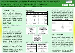 The Experiences of Diabetes in Pregnancy among First Nations Women
in Alberta; and the Contributors to a Healthy Pregnancy
Richard T. Oster, Maria J. Mayan and Ellen L. Toth

INTRODUCTION

University of Alberta

RESULTS
Table 1. Participant characteristics

In the current study we aimed at gaining insight into the dramatic differences in rates
of diabetes in pregnancy, and outcomes of such pregnancies, between Canadian
women of First Nations descent and women of the general population (1-3). Our
purpose was to acquire a deeper understanding in this area from the perspective of
First Nations women with real life experience or diabetes in pregnancy. Qualitative
findings among non-Aboriginal women with gestational diabetes (GDM) (4,5),
including a recent review (6), have been published, and suggest areas in need of
improvement for the health care systems to benefit pregnant women and their
families. However, little is known of the experiences of First Nations women.
This study was part of a larger mixed methods plan aimed at examining diabetes in
pregnancy among Aboriginal women, with the ultimate goal of developing
interventions that can effectively improve care for diabetes in pregnancy. A multiphase
mixed methods research approach is being utilized (7), whereby this study
encompassed the initial qualitative phase.

OBJECTIVE
To use a focused ethnography to understand the experience of diabetes in pregnancy
and what factors contribute to achieving a healthy pregnancy in First Nations women.

METHODS
Sample
Women were recruited via the practices of two physicians, and the allied health
professional members of their diabetes care team, as well as through word of mouth
and a recruitment poster. First Nations (self-reported) adult women (18 years or older)
that had previously had GDM or pregestational diabetes in pregnancy (within five
years) were recruited. All of the participants received care for diabetes in pregnancy
within the same major metropolitan city. Convenience sampling methodology was
utilized. A total of 12 First Nations participants were needed to reach data saturation.
Data Generation
Data were generated over a period of approximately 10 months from May 2012 to
March 2013. Unstructured interviews with participants were carried out at a mutually
selected location. During the interviews, open-ended questions were asked to prompt
unstructured discussion. Interviews were audio recorded and transcribed (verbatim).
Data Analysis
Data were subject to qualitative content analysis using ATLAS.ti for data management
and organization. Data analysis took place concurrently with data collection. Data
collection and analysis ceased on data saturation, when no new information or insight
emerged, and when the categories were well refined and defined. The participants
were invited to a group meeting to hear the results share their views. Each participant
that attended the meeting was provided their transcript for review and the findings
were verified as an accurate portrayal of their collective experiences.
Rigor
Rigor in our study was achieved by adhering to the principles of validity,
generalizability, and reliability (8). Also, throughout the entire research process, a
reflective approach was strived for by keeping a personal journal of thoughts,
emotions, reactions, expectations, assumptions, ‘why’ questions, and so forth.
Ethics
We obtained ethical approval from the Human Research Ethics Board of the
University of Alberta. Participants remained unidentifiable and written informed
consent was obtained. Numerous meetings with interested Aboriginal persons were
undertaken prior to, during, and after data collection. These meetings served to lend
advice and guide the research in a culturally appropriate manner.

Participant
number

Age during
pregnancy

Diabetes in
pregnancy type

1
2

38
33

GDM
GDM

Number of years
between birth and
interview
3
2

3
4
5
6
7
8
9
10
11
12
Average

28
27
32
26
38
30
32
39
36
38
33

Pregestational
GDM
GDM
Pregestational
GDM
GDM
Pregestational
Pregestational
Pregestational
Pregestational
N/A

Total number
Home
of children community type

2
4
5
1
1
1
4
1
2
1
2

3
5

Urban city
Urban city

4
3
6
5
5
2
4
1
3
6
4

Aboriginal
Aboriginal
Aboriginal
Aboriginal
Aboriginal
Urban city
Aboriginal
Aboriginal
Aboriginal
Aboriginal
N/A

Taken together, the experience of diabetes in pregnancy for First Nations women was
“good and bad”, one wrought with struggle but balanced to some degree by positive
lifestyle changes. A loss of control, and at the same time striving to control blood sugar
levels, permeated living with diabetes in pregnancy. For some women, diabetes in
pregnancy offered a chance to take control of their health. The degree to which the
women felt they could control their diabetes and their health strongly influenced whether
the women felt they had had a positive or a negative pregnancy experience. Having a
strong support system including family, healthcare provider, cultural/community, and
internal support, was crucial to whether the women felt they had a healthy pregnancy or
not. Facing diabetes in pregnancy alone resulted in a daunting and challenging
pregnancy. Most women had the necessary resources to manage their diabetes but when
awareness and preceding knowledge of diabetes in pregnancy was lacking, many of the
women felt overwhelmed with information upon diagnosis.
Figure 1. Model of integrated main qualitative findings. “+” denotes increase and ““ denotes decrease.

What is it like to have diabetes in pregnancy?

Challenges: “It was hard”

Positives: “It helped me too”

“Extra stress”
“Extra work”
“Inconvenient”
“Problematic”
“Fear”
“Scared for the baby more than
for myself”
“Many different emotions”

“It was a real eye-opener”
“It made me take care of myself
better and eat healthier”
“Now I know and I can show my
kids”
“Ever since then me and my kids
diet has changed”
“I’m more knowledgeable”

Control: “A struggle for
control”
“No getting around it”
“No control over my health”
“Just do as your doctor says”
“I had to take control”
“My blood sugars got out of
control”
What factors might contribute to attaining a healthy pregnancy in women that have
diabetes in pregnancy?

Support: “I didn’t do it alone”
“Family helped”
“My husband tried to understand”
“Healthcare staff was always there”
“Women like to hear like they are
doing something good, not just that
they are harming themselves”
“Health is more holistic”
“An open ear”
“For my baby”

Awareness and Resources:
“There was a lot to learn”
“I didn’t even know what it was”
“A whole lot of information thrown at
me” “I had good access”
“Sometimes you don’t have money
to buy healthy foods”
“Its harder when you are on a
budget”
“I walked a lot”

IMPLICATIONS
As high-risk pregnancies and poor outcomes are more common among First Nations
women regardless of diabetes status, efforts must be made to improve pregnancy care.
First Nations women with diabetes in pregnancy are not likely to benefit from ‘broad
brush’ healthcare, rather providers should look to boost the support systems of these
women, add to their sense of autonomy, and raise awareness of diabetes in pregnancy.
Accordingly, providers should strive for a more patient-centered approach. Such an
approach should allow for mutual exchanging of information, shared power and decision
making, and an even patient-provider partnership where providers actively listen to
patients and learn in-depth about their life circumstances.
Healthcare providers should also work to strengthen women’s support systems beyond
solely that of healthcare provider support. Spouses and other family members should be
engaged and involved as much as possible during clinic visits throughout the pregnancy.
Other cultural and/or community supports should also be included if possible and if
required, such as Elders or close friends. Peer support or cultural support programs are
needed, particularly for those that lack family support. Women’s internal drive to protect
their fetus should also be stoked by providers through positive encouragement rather
than fear inducement.

REFERENCES
1. Dyck R et al. Diabetes Care. 2002;25(3):487-93.
2. Liu SL et al. Diabetic Medicine. 2012;29(8):E180-3.
3. Willows N et al. Am J Human Biol. 2011;23(1):126-31. 4. Evans MK & O'Brien B. Qual Health Res. 2005;15(1):66-81.
5. Persson M et al. Scan J Car Sci. 2009;24(3):454-62.
6. Devsam B et al. Women Birth. 2013;26(2):E69-76.
7. Creswell J, Plano Clark VL. SAGE Publications; 2011. 8.
7. Morse JM et al. Int J Qual Meth. 2002;1(2):13-22.

 
