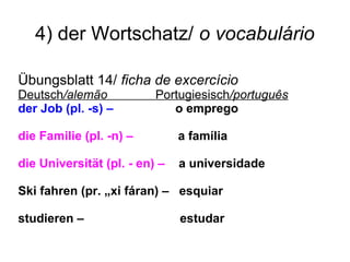 4) der Wortschatz/ o vocabulário
Übungsblatt 14/ ficha de excercício
Deutsch/alemão Portugiesisch/português
der Job (pl. -s) – o emprego
die Familie (pl. -n) – a família
die Universität (pl. - en) – a universidade
Ski fahren (pr. „xi fáran) – esquiar
studieren – estudar
 