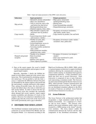 Table 1: Input and output parameters of the GPM’s main subsystems.
Subsystem Input parameters Output parameters
Ship arrivals
- Demand by destiny and product - Ships queue, turnaround,
- Ships class distribution berthing/unberthing times
- Time to stock the cargo at the - Waiting times
yard before the ship arrival - Export demand/ships attended
- Berthing/unberthing times - Dispatch/demurrage calculation
- Channel (capacity, times, tides)
Cargo transfer
- Ship unloaders (capacity and - Occupancy of resources (reclaimers,
maximum rates by product) ship loaders, berths, lines)
- Berths - Cargo transfer by product, line and berth
- Layout disposition (berth x yard
and resources x berths)
Storage
- Number of yards, piles, - Occupancy of resources (yards, stacker,
capacity by product reclaimers, lines, pellet unit)
- Layout disposition, access to
berths and car dumpers
- Screening (number, production
rates, yards)
- Pellet production (number,
production rates, yards)
- Number of car dumpers - Occupancy of resources (car dumpers,
Dispatch and ground - Rates by product stacker)
reception - Setup times - Total cargo transferred to yards
- Railway yard capacity - Trains queue time
- Trains capacity by product
4. Once at the export seaport, the vessel is loaded
with the assigned products and navigates to its de-
signed import seaport.
Basically, Algorithm 1 checks the fulﬁlled de-
mands on each import seaport up to the current simu-
lation time. This is performed by calculating a param-
eter named gap. For any product p and any route r,
gap(p,r) represents the difference between the prod-
uct demanded by the import seaport in the period and
the total product p already delivered to that seaport.
Thus, among all possible routes, the check point al-
locates the ballast ship to the route in which the gap
falls mostly behind. In order to choose the best op-
tion, the check point also considers the constraints
about demand and vessels capacity, export seaport
product availability and allowance of vessels in the
seaports. However, if no reduction is identiﬁed on any
products gap, then the vessel waits at the check point
and veriﬁes periodically until a gap is identiﬁed.
5 DISTRIBUTED SIMULATION
The distributed simulation model performs the inter-
connection of several General Port Models and one
Navigation Model. It is structured according to the
High Level Architecture (HLA) (IEEE, 2000), which
is a general purpose architecture to support distributed
simulation allowing the communication among sim-
ulation models running on distributed heterogeneous
computational platforms. A HLA distributed simu-
lation may have one or several Federations. Each
Federation is composed of one or more Federates,
each representing a simulation model. The Federates
are interconnected through the Runtime Infrastructure
(RTI), which provides common communication and
synchronization services to them. In order to archi-
tect our distributed simulation adherent to the HLA,
two kinds of Federates are deﬁned: Arena Federate
and Distributed Simulation Coordinator.
5.1 Arena Federate
The Arena Federate is the architectural module that
encapsulates a single simulation model in the dis-
tributed environment. It is composed of a Feder-
ate and an Arena Adapter. The Federate corre-
sponds to the actual simulation model, which is rep-
resented by a GPM running in the Arena R
discrete-
event simulator. The Arena Adapter enables the
communication between the Federate and the other
components of the distributed environment. Be-
 