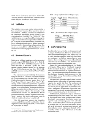 which process overview is provided in Section 6.1.
Then, the proposed experiment was conducted and its
results analyzed as described in Section 6.2.
6.1 Validation
The validation process was carried out considering a
base scenario and one year of real operations data for
its calibration. The base scenario was composed of
the components described in Section 5.3 and 28 ves-
sels ranging from 89,000 DWT to 270,000 DWT. The
validation process was performed by comparing the
output of 10 simulation runs against the real data out-
put taking into account the following parameters: im-
ported and exported total cargo by product, number of
berthing, number of unberthing and queue time. The
model was assumed to be valid when the error of the
simulated and real average parameters values was un-
der 2%.
6.2 Simulated Scenario
Based on the validated model, an experiment was per-
formed using an IBM Blade Center S3 (1 Blade 2-
processors Intel Xeon 2.0 GHz) conﬁgured with 04
virtual machines (1 processor 2.0 GHz and 2 GB
memory) running Rockwell Arena R
v12 on Windows
XP and 03 PCs (1 processor Intel iCore i7 2.93 GHz
and 4 GB memory) running Rockwell Arena R
v12 on
Windows 7.
The experiment aimed to identify the maximum
transport capacity of a ﬁctitious ship ﬂeet composed
of 32 ships ranging from 150,000 DWT to 400,000
DWT and considering 4 export seaport (Ports A, B,
C and D), and 2 import seaport (Ports E and F). The
strategy used to achieve this objective was to perform
several simulations beginning with a small supply and
demand cargo and increasing them proportionally un-
til the ships waiting time on the check point was zero.
The latter condition indicates that during the whole
simulation none ship was idle, which means that the
maximum ship ﬂeet transport capacity was reached.
Table 2 presents the supply and demand cargo in
which the condition described was achieved.
Using this experiment scenario, the simulation
was executed 10 times and it was identiﬁed that the
ship ﬂeet was able to transport 20,236,144 tons of iron
ore as presented in Table 3.
3http://www-03.ibm.com/systems/bladecenter/
hardware/chassis/blades/index.html.
Table 2: Cargo supplied and demanded per seaport.
Seaport Supply (tons) Demand (tons)
Port A 4,398,195 –
Port B 11,194,190 –
Port C 7,055,643 –
Port D 18,393,006 –
Port E – 39,187,197
Port F – 2,607,837
Table 3: Maximum ship ﬂeet transport capacity.
Cargo Quantity (tons)
Unloaded 20,236,144
Loaded 23,386,314
In Transit 3,150,170
7 CONCLUSIONS
Simulation has been advised as an adequate approach
to analyze SCM behaviors. However, develop mono-
lithic models representing the whole supply chain can
be costly and time consuming in the long-term. In the
iron ore industry in which the seaports have the same
features, the use of generic models and distributed
simulation can be considered a real alternative in or-
der to reduce its modeling development time.
Hence, this work presented a Generic Port Model,
a Navigation Model and a Distributed Integrated
Model in order to develop a maritime logistics dis-
tributed simulation based in the High Level Architec-
ture. The main identiﬁed technical challenges along
the distributed simulation implementation were the
interoperability among the simulators and the clock
synchronization tasks.
The developed system was applied in the ﬁctitious
scenario in order to determine the maximum transport
capacity of a speciﬁc ship ﬂeet. The results showed
the usefulness of the model as a tool to support deci-
sion making and the applicability of distributed simu-
lation. Additionally, its usefulness for decision mak-
ing training of operational, tactical and strategical per-
sonnel was identiﬁed during its development.
As future work, we intend to carry out further sim-
ulations incorporating other supply chain nodes, such
as distribution center, mine production and railway.
Speciﬁcally concerning the distribution centers, we
expect to study an interesting aspect which is how the
service level of the system – measure by queue time
at its output side – is affected by the number of ves-
sels at the loop circuit between import seaports and
the distribution centers and estimate the trade off be-
tween the number of ships and services level at the
distribution center.
 