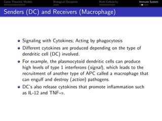 Game Theoretic Models Biological Deception Multi-Cellularity Immune System
Senders (DC) and Receivers (Macrophage)
Signaling with Cytokines; Acting by phagocytosis
Diﬀerent cytokines are produced depending on the type of
dendritic cell (DC) involved.
For example, the plasmocytoid dendritic cells can produce
high levels of type 1 interferons (signal), which leads to the
recruitment of another type of APC called a macrophage that
can engulf and destroy (action) pathogens.
DC’s also release cytokines that promote inﬂammation such
as IL-12 and TNF-α.
 