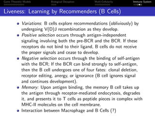 Game Theoretic Models Biological Deception Multi-Cellularity Immune System
Liveness: Learning by Recommenders (B Cells)
Variations: B cells explore recommendations (obliviously) by
undergoing V(D)J recombination as they develop.
Positive selection occurs through antigen-independent
signaling involving both the pre-BCR and the BCR. If these
receptors do not bind to their ligand, B cells do not receive
the proper signals and cease to develop.
Negative selection occurs through the binding of self-antigen
with the BCR; If the BCR can bind strongly to self-antigen,
then the B cell undergoes one of four fates: clonal deletion,
receptor editing, anergy, or ignorance (B cell ignores signal
and continues development).
Memory: Upon antigen binding, the memory B cell takes up
the antigen through receptor-mediated endocytosis, degrades
it, and presents it to T cells as peptide pieces in complex with
MHC-II molecules on the cell membrane.
Interaction between Macrophage and B Cells (?)
 