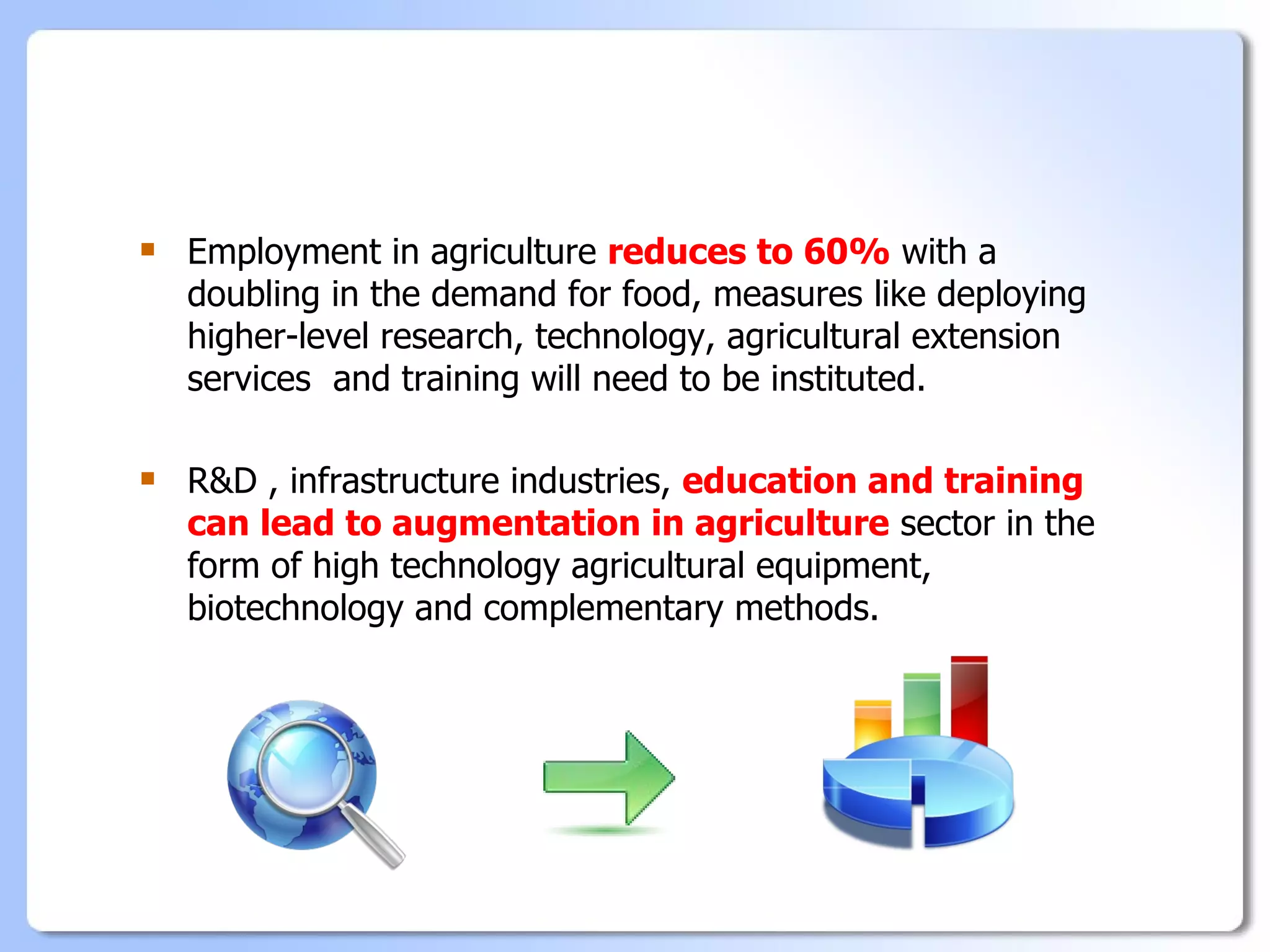    Employment in agriculture reduces to 60% with a
    doubling in the demand for food, measures like deploying
    higher-level research, technology, agricultural extension
    services and training will need to be instituted.

   R&D , infrastructure industries, education and training
    can lead to augmentation in agriculture sector in the
    form of high technology agricultural equipment,
    biotechnology and complementary methods.
 