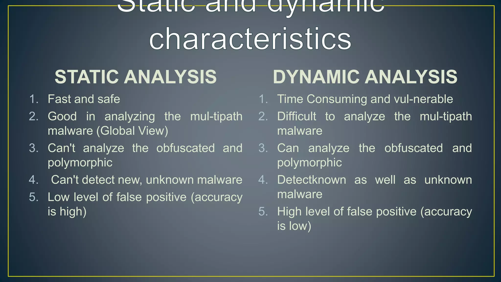 STATIC ANALYSIS
1. Fast and safe
2. Good in analyzing the mul-tipath
malware (Global View)
3. Can't analyze the obfuscated and
polymorphic
4. Can't detect new, unknown malware
5. Low level of false positive (accuracy
is high)
DYNAMIC ANALYSIS
1. Time Consuming and vul-nerable
2. Difficult to analyze the mul-tipath
malware
3. Can analyze the obfuscated and
polymorphic
4. Detectknown as well as unknown
malware
5. High level of false positive (accuracy
is low)
 