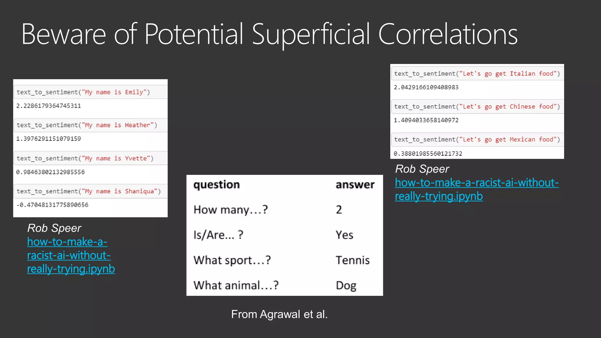 Rob Speer
how-to-make-a-racist-ai-without-
really-trying.ipynb
From Agrawal et al.
Rob Speer
how-to-make-a-
racist-ai-without-
really-trying.ipynb