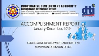 January-December, 2019
COOPERATIVE DEVELOPMENT AUTHORITY XII
KIDAPAWAN EXTENSION OFFICE
 