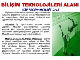 WEB PROGRAMCILIĞI DALI
   Bilgisayar sistemlerinin donanım ve yazılım olarak
kurulumu bilgilerinin yanında, web sayfası tasarımına
ve programlama dilleri yardımıyla etkileşimli web
uygulamaları hazırlayan nitelikli kişidir.

   Görevleri: İş organizasyonu yapmak. Analiz
yapmak.     İhtiyaçları    değerlendirmek.      Algoritma
yapmak. Web sitesinin görsel tasarımını yapmak.
Tasarlanan sitenin yerel yayınını yaparak test etmek.
Meslekî gelişime ilişkin faaliyetleri yürütmek.

     Meslek Elemanında Aranan Özellikler: Tasarım
ve görsel yeterliliğine sahip, Yabancı dil bilen, Ekip
içinde çalışabilen, Sistemli düşünebilen, Matematikle
ilgili konularda başarılı, Kendini yenileyebilen,
Araştırmacı, Sabırlı ve dikkatli, Bir konunun
çözümlenmesi için yapılması gereken işlemleri
bilgisayar diline aktarabilen kimseler olmaları gerekir.
 