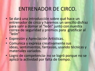 ENTRENADOR DE CIRCO.Se dará una introducción sobre qué hace un entrenador de circo y haremos un sencillo disfraz para salir a domar al “león” junto con nuestra correa de seguridad y premios para  gratificar al “león”Expresión y Apreciación Artísticas.Comunica y expresa creativamente sus ideas, sentimientos, fantasías, usando técnicas y materiales variados.Logro de competencia- no se logró porque no se aplicó la actividad por falta de tiempo.