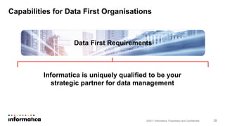Capabilities for Data First Organisations
©2017 Informatica. Proprietary and Confidential
Informatica is uniquely qualified to be your
strategic partner for data management
Data First Requirements
28
 