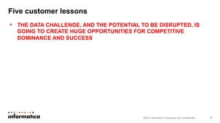 Five customer lessons
•  THE DATA CHALLENGE, AND THE POTENTIAL TO BE DISRUPTED, IS
GOING TO CREATE HUGE OPPORTUNITIES FOR COMPETITIVE
DOMINANCE AND SUCCESS
©2017 Informatica. Proprietary and Confidential 6
 