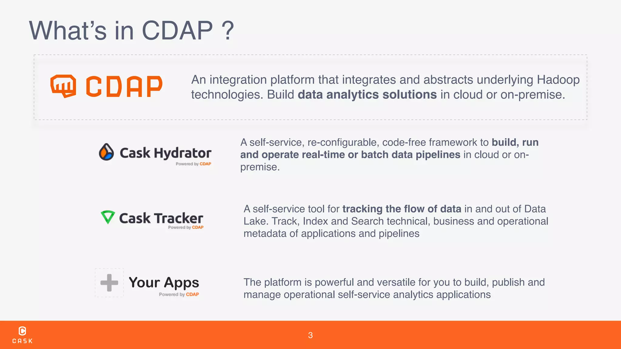 3
What’s in CDAP ?
A self-service, re-conﬁgurable, code-free framework to build, run
and operate real-time or batch data pipelines in cloud or on-
premise.
A self-service tool for tracking the ﬂow of data in and out of Data
Lake. Track, Index and Search technical, business and operational
metadata of applications and pipelines
An integration platform that integrates and abstracts underlying Hadoop
technologies. Build data analytics solutions in cloud or on-premise.
The platform is powerful and versatile for you to build, publish and
manage operational self-service analytics applications
Your Apps
 
